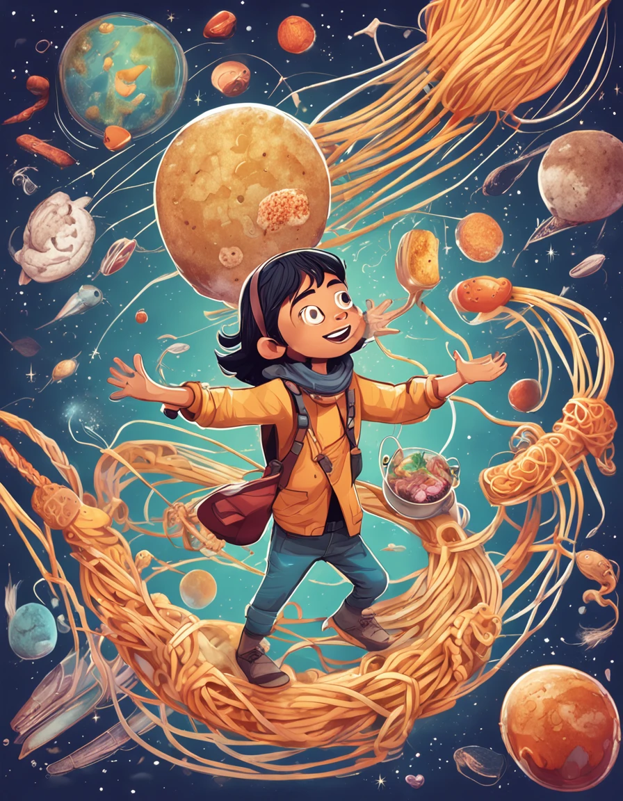 A teenager dressed in an explorer's costume flies in the sky,Surrounded by a universe of noodles and various ingredients,These long noodles are like floating milky ways,Various ingredients surround it。Teenager holding map,An illustration that is about to solve various puzzles related to noodle cuisine。