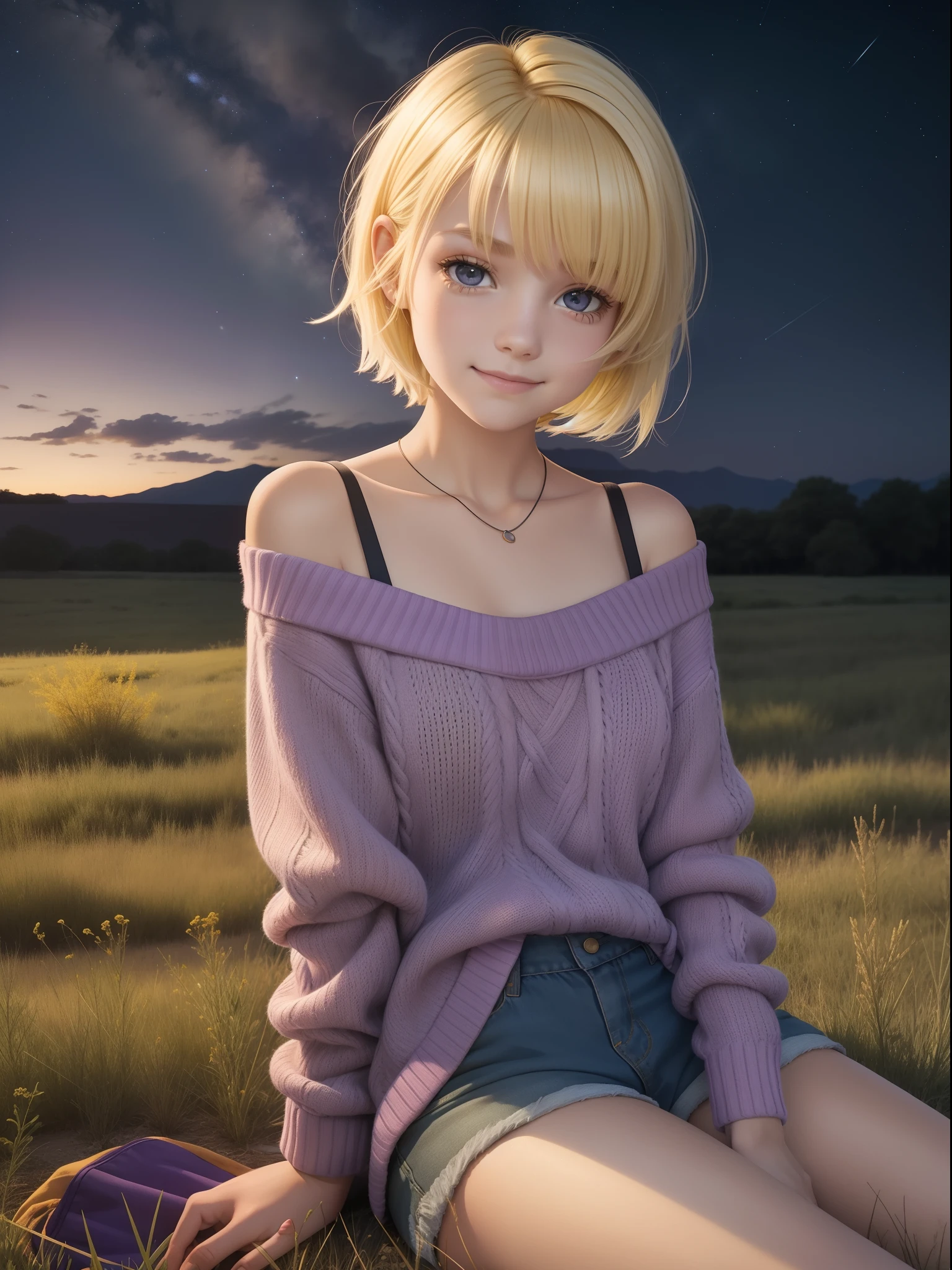 A quiet girl,Short yellow hair,Long face, Wear a purple sweater and shorts,Shoulders exposed,and wear no underwear,the night,on a grassy field,is shy,Only the left side of the face is exposed,laughing joyfully,Ruffle your hair,sat on the ground