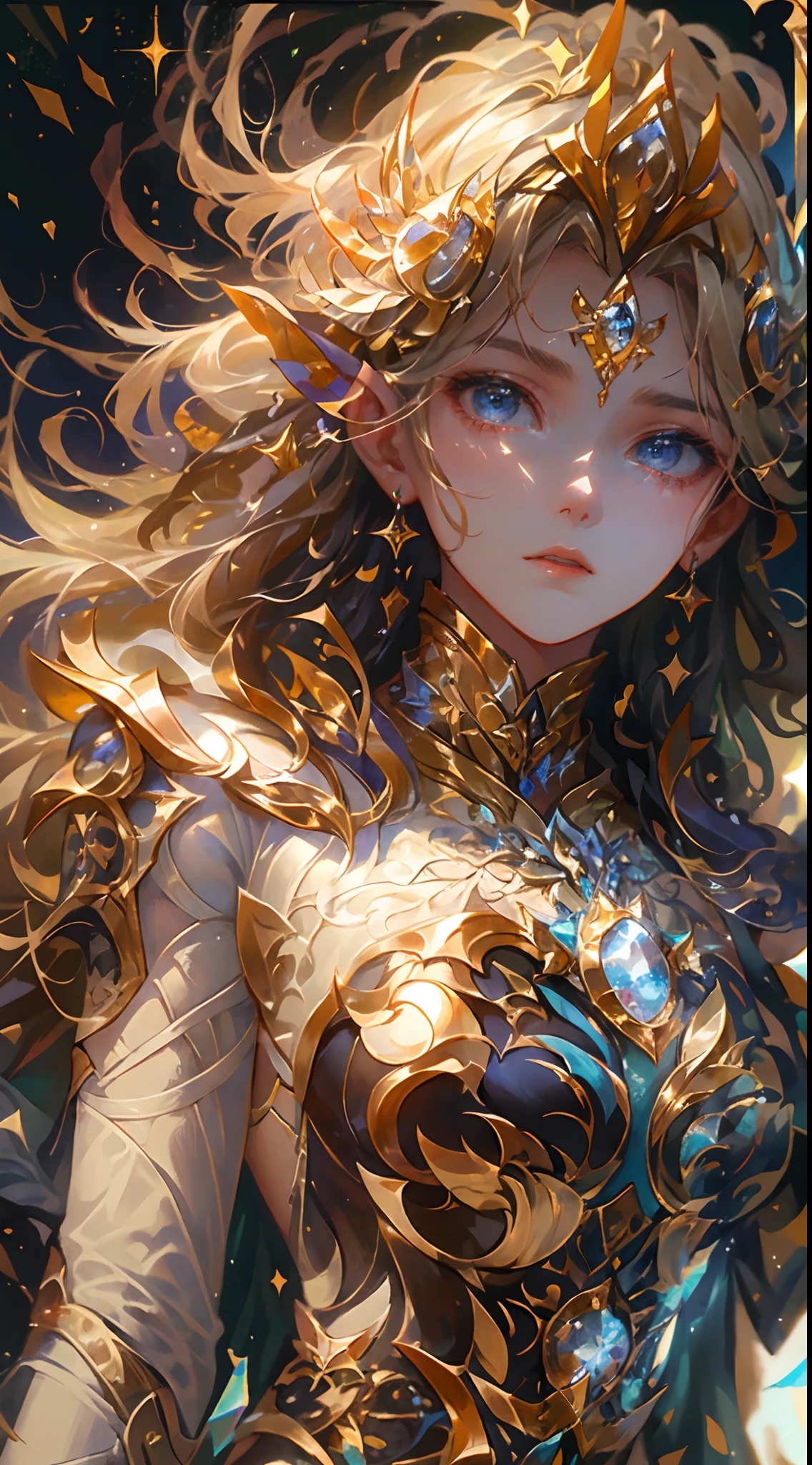 Ultra-high saturation,(tmasterpiece), fully body photo,(best qualtiy), (1girll), starryskybackground,Wearing shiny gold armor, Sexy lingerie type armor,Expose your chest,Expose the waistline,Exposing thighs,cool-pose, Saint Seiya Armor, messy hair,high detal, Anime style, Cinematic lighting, Sparkle, god light, Ray traching, filmgrain, hyper HD, textureskin, super detailing, Anatomical correct, A high resolution,Ultra-high saturation,hight contrast,High-gloss armor,Smooth skin,Serious expressions,Dark room,