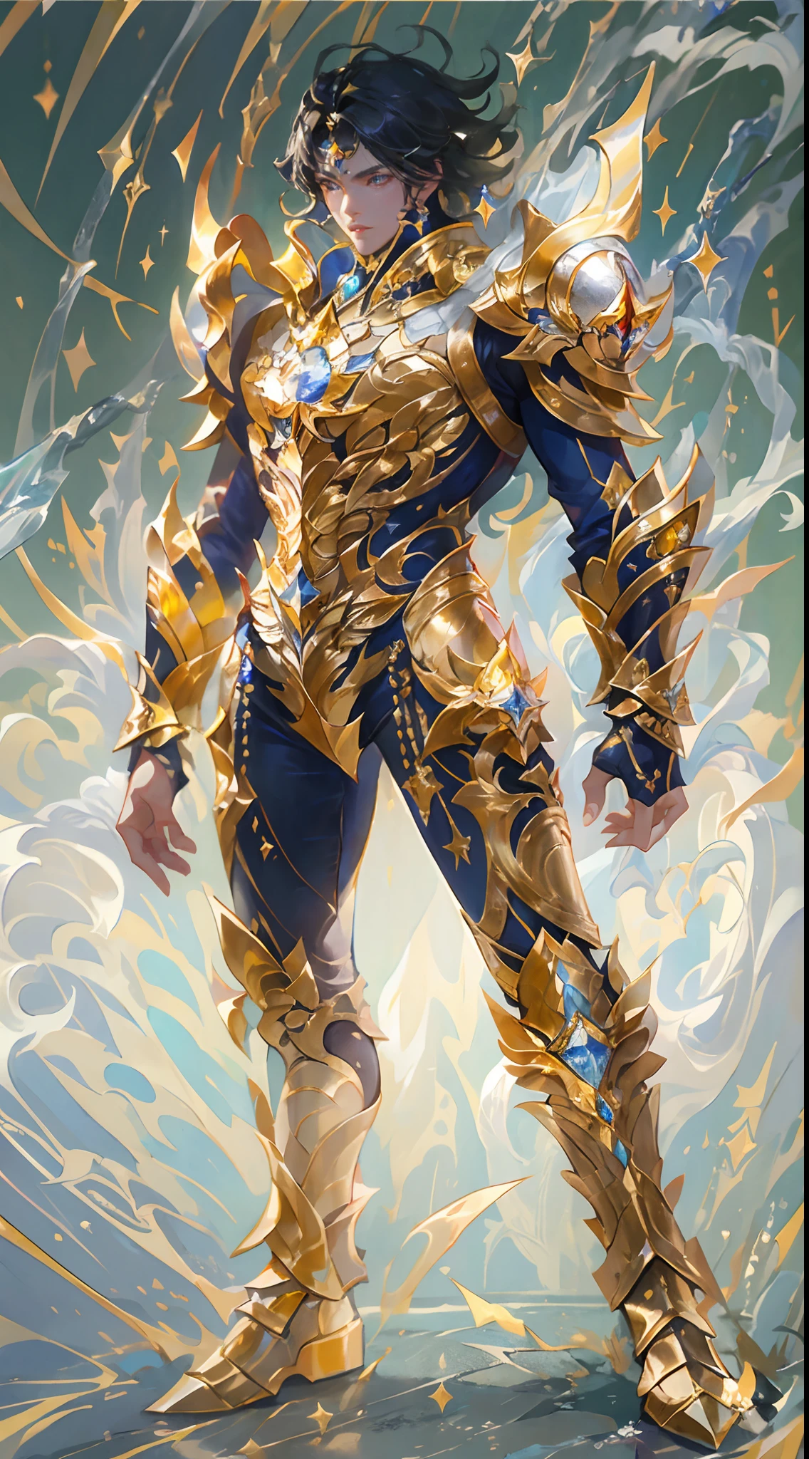 Ultra-high saturation,(tmasterpiece), fully body photo,(best qualtiy), (1girll), starryskybackground,Wearing shiny gold armor, Sexy lingerie type armor,Expose your chest,Expose the waistline,Exposing thighs,cool-pose, Saint Seiya Armor, messy hair,high detal, Anime style, Cinematic lighting, Sparkle, god light, Ray traching, filmgrain, hyper HD, textureskin, super detailing, Anatomical correct, A high resolution,Ultra-high saturation,hight contrast,High-gloss armor,Smooth skin,Serious expressions,Dark room,