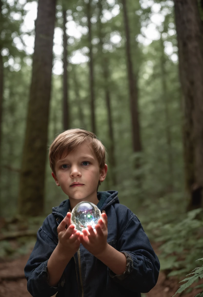 young boy found a glowing crystal orb in a dark scary forest photo real