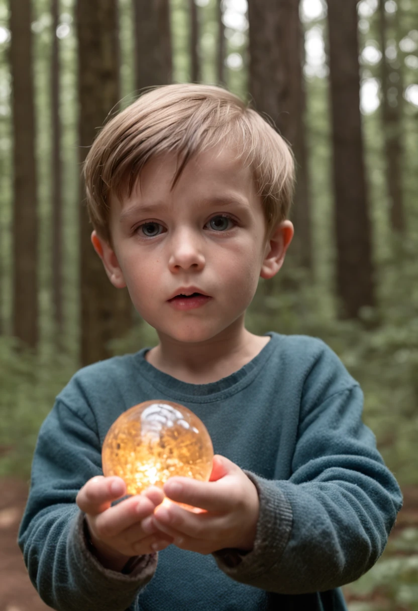 young boy found a glowing crystal orb in a dark scary forest photo real