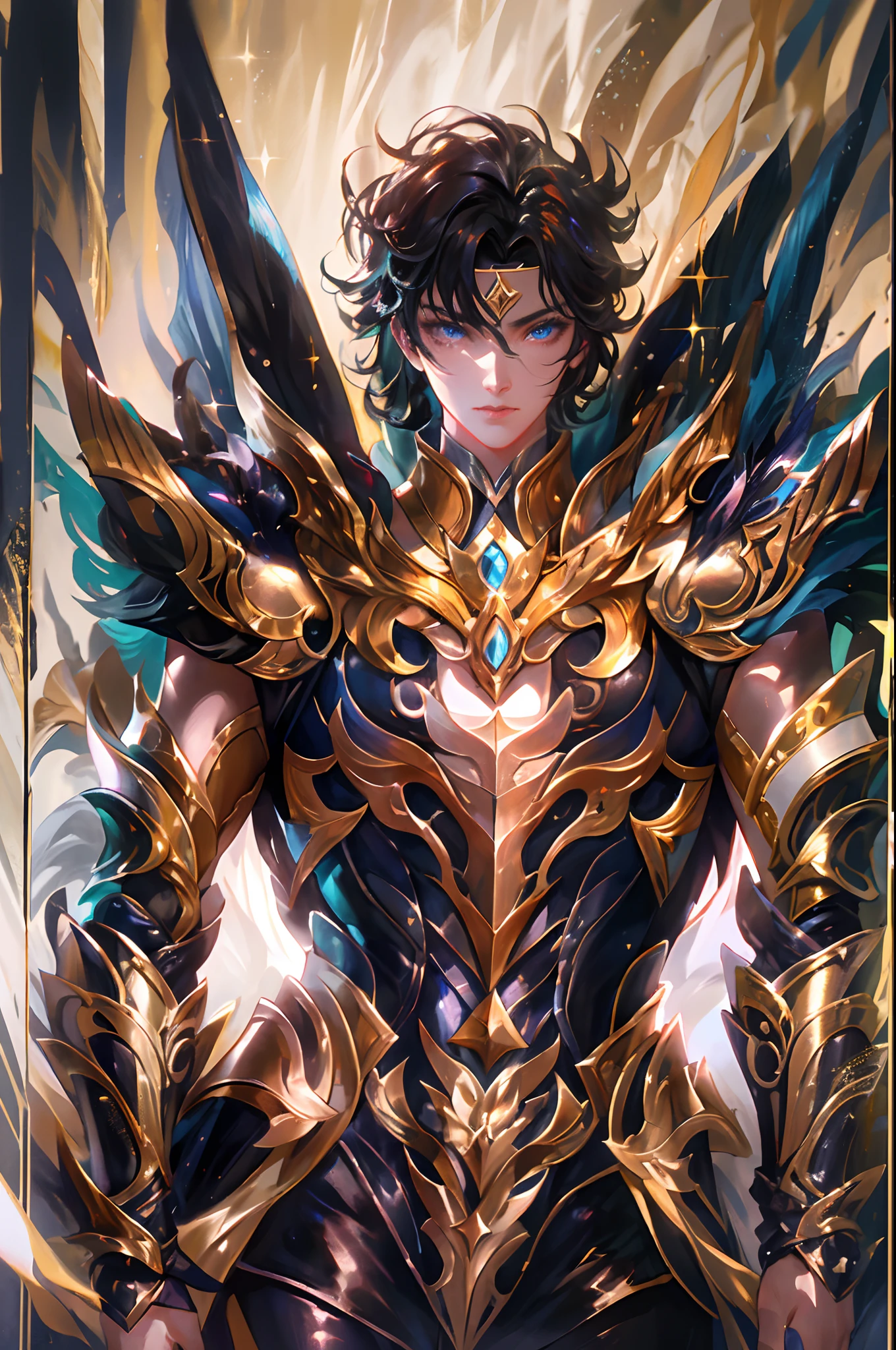 Ultra-high saturation,(tmasterpiece), fully body photo,(best qualtiy), (1girll), starryskybackground,Wearing shiny gold armor, Sexy lingerie type armor,Expose your chest,Expose the waistline,Exposing thighs,cool-pose, Saint Seiya Armor, messy hair,high detal, Anime style, Cinematic lighting, Sparkle, god light, Ray traching, filmgrain, hyper HD, textureskin, super detailing, Anatomical correct, A high resolution,Ultra-high saturation,hight contrast,High-gloss armor,Smooth skin,Serious expressions,Dark room,