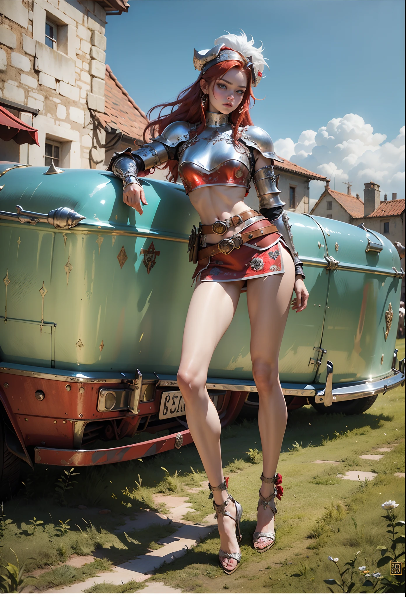 Character drawings,redheadwear,Lady Knight,Silver Knight Armor,Rose totem on armor ,Crimson hair.Blood-red pupils,beautiful face,A determined expression on the girl's face,Intricate ornaments on the belt, Wear vintage clothing, Wear two-piece clothes, Sparkling clothes, Multicolored, Attractive body,Perfect girl with a figure, skintight rainbow body suit,, full body wide shot,Medieval European town on the street,Gorgeous Silver Armor,Red gorgeous skin,A plump chest,Lady Knight,tmasterpiece,4K分辨率