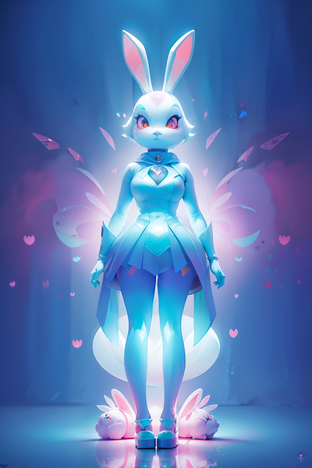 (((edgBunny)))，edgBunny，(((Behind it is a huge rabbit)))，A woman of outstanding figure，jewely，Amazing work，Vitreous luster,clean backdrop，High gloss，blue colors，In pink，cyan colors，red colour