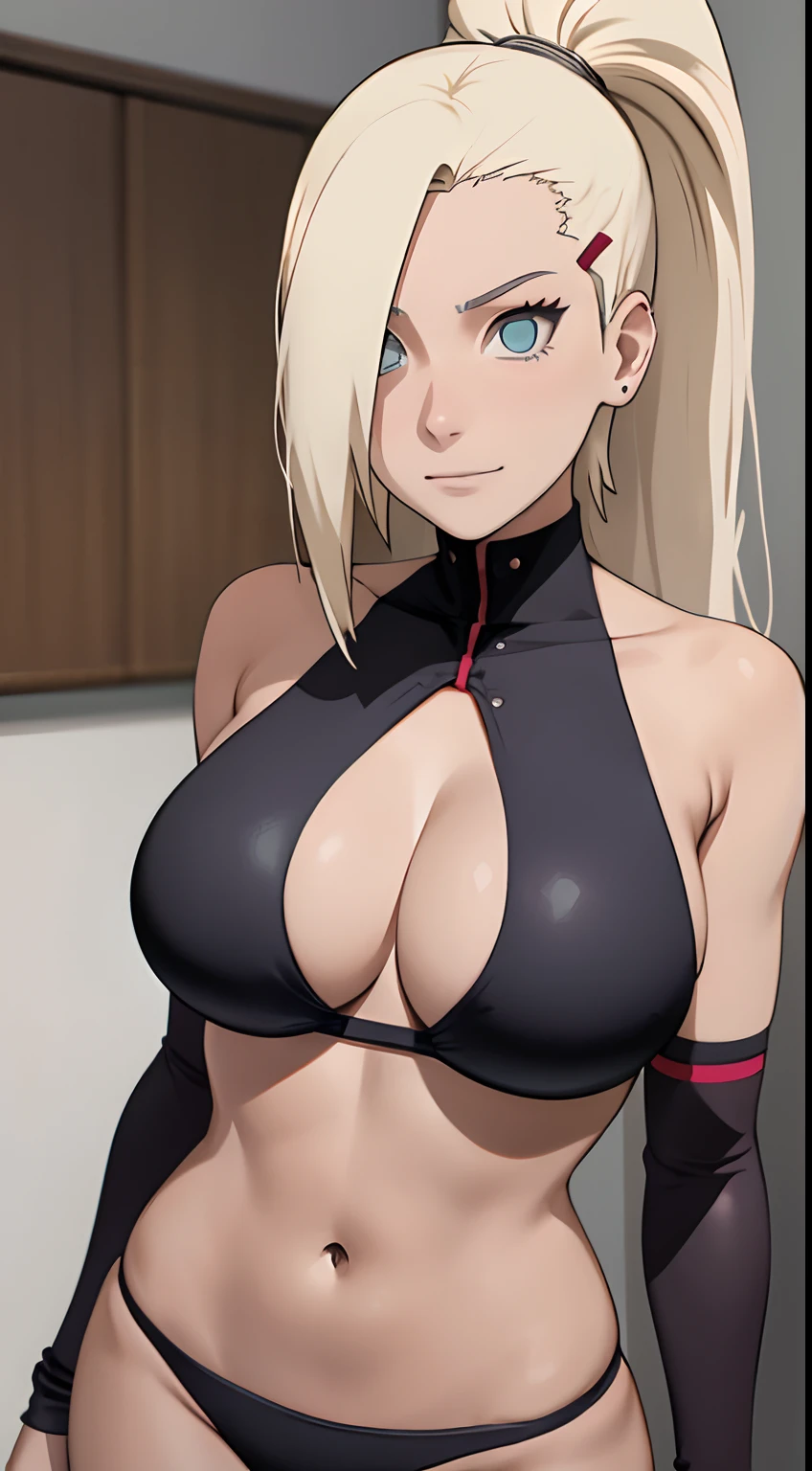 Ino yamanaka，Spaltung，smil，Rot im Gesicht sein，drinnen im Zimmer，Nahaufnahme Nahaufnahme，mit einer guten Figur,front view,standing,arms behind back,mid large breasts,sehr enge leggins,heavy damaged Bikini