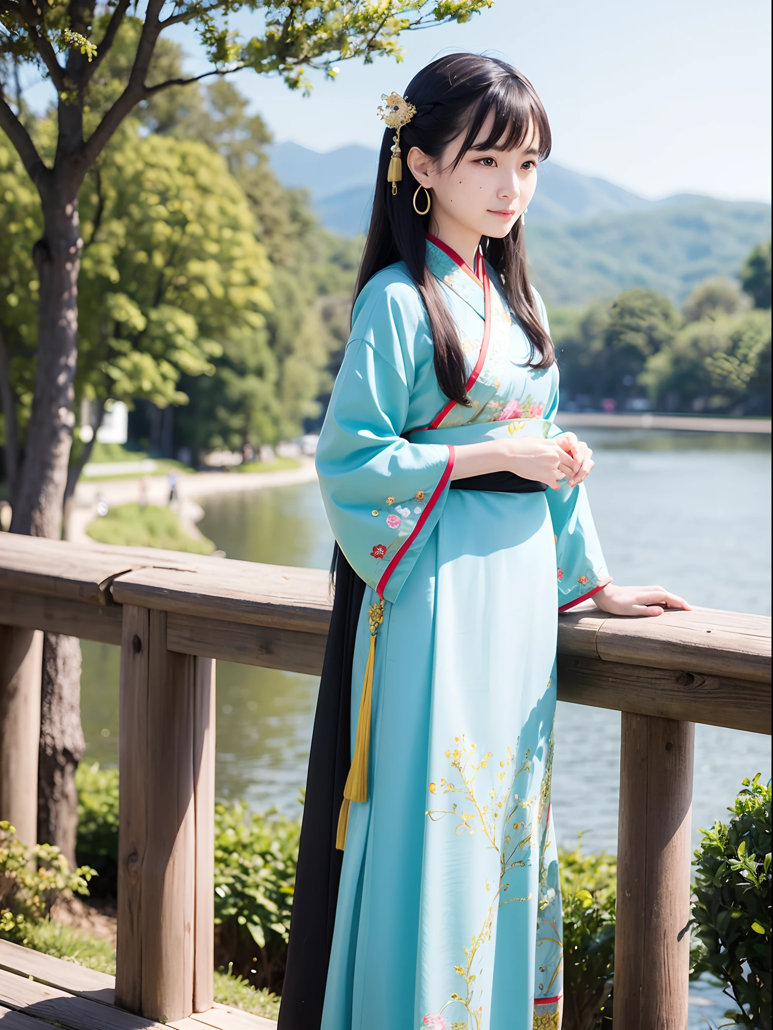Chinese women in period costumes pose for a group photo, Long-sleeved Han costume, Varied, ,Insert the hairpin into the coiled hair, The clothes are fluttering,Side full body fairy, , Standing on a small bridge, His melancholy eyes looked into the distance, Wear period costumes,Wearing earrings bracelet light green Hanfu delicate embroidery,Detailed facial features and ultra-clear picture quality,Up to 8K resolution