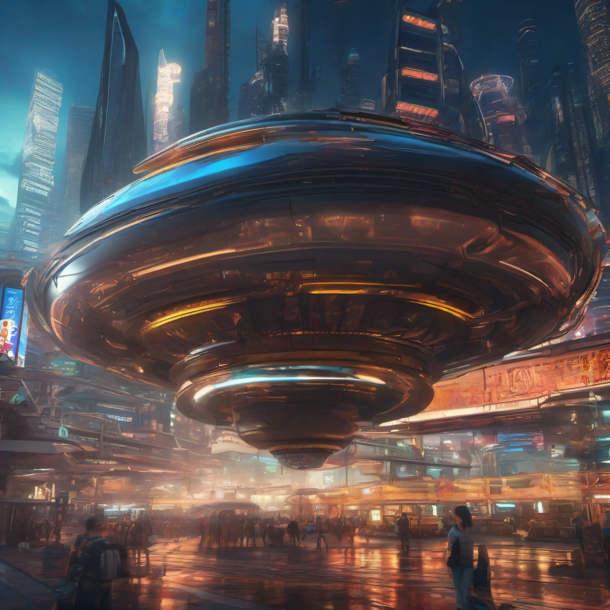 futuristic cityscapes, ((Cyborg)), (irregular architecture), mechanical, (cyberpunk), (hovering trains), drones, realistic lighting, (abyss) masterpieces, high quality, beautiful graphics, high detail, ((looming flying saucers and ships in the sky)), vision (wide-angle lens), ultra-high resolution (realism: 1.4), ultra-high quality, extremely detailed CG Unity 8k wallpapers, aesthetics, award-winning photography, realism, high detail, detail enhancement, blur removal, The art of intricacies and travel. Visually stunning. Beautiful futuristic city, beautiful city, Chinese dream land, pexels, blue hour photography, Chinese dreamland, spectacular clouds, fantasy clouds.