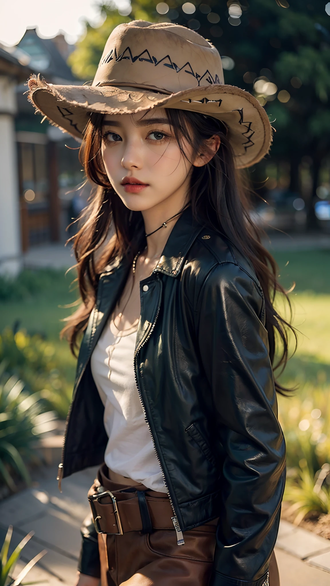 4k hltra hd, mastermiece, best quality, a girl, good face, detailed eyes, detailed lips, long hair, strait hair, wearing cowboy outfit, green leather jacket, green outfit, cowboy hat, blurred background, morning, whole body capture,