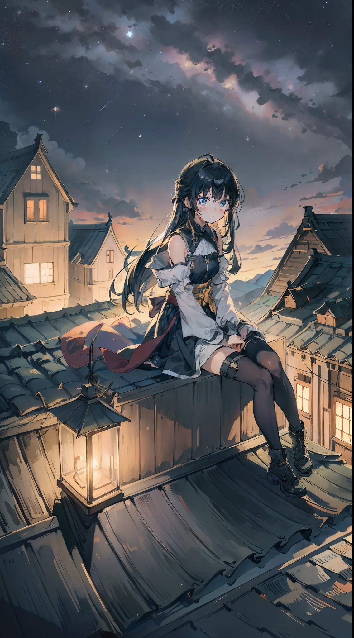 Quiet nights，1 girl outdoors， late， starrysky， in a panoramic view， scenecy， horizon， the roof， sitting on rooftop， ventania