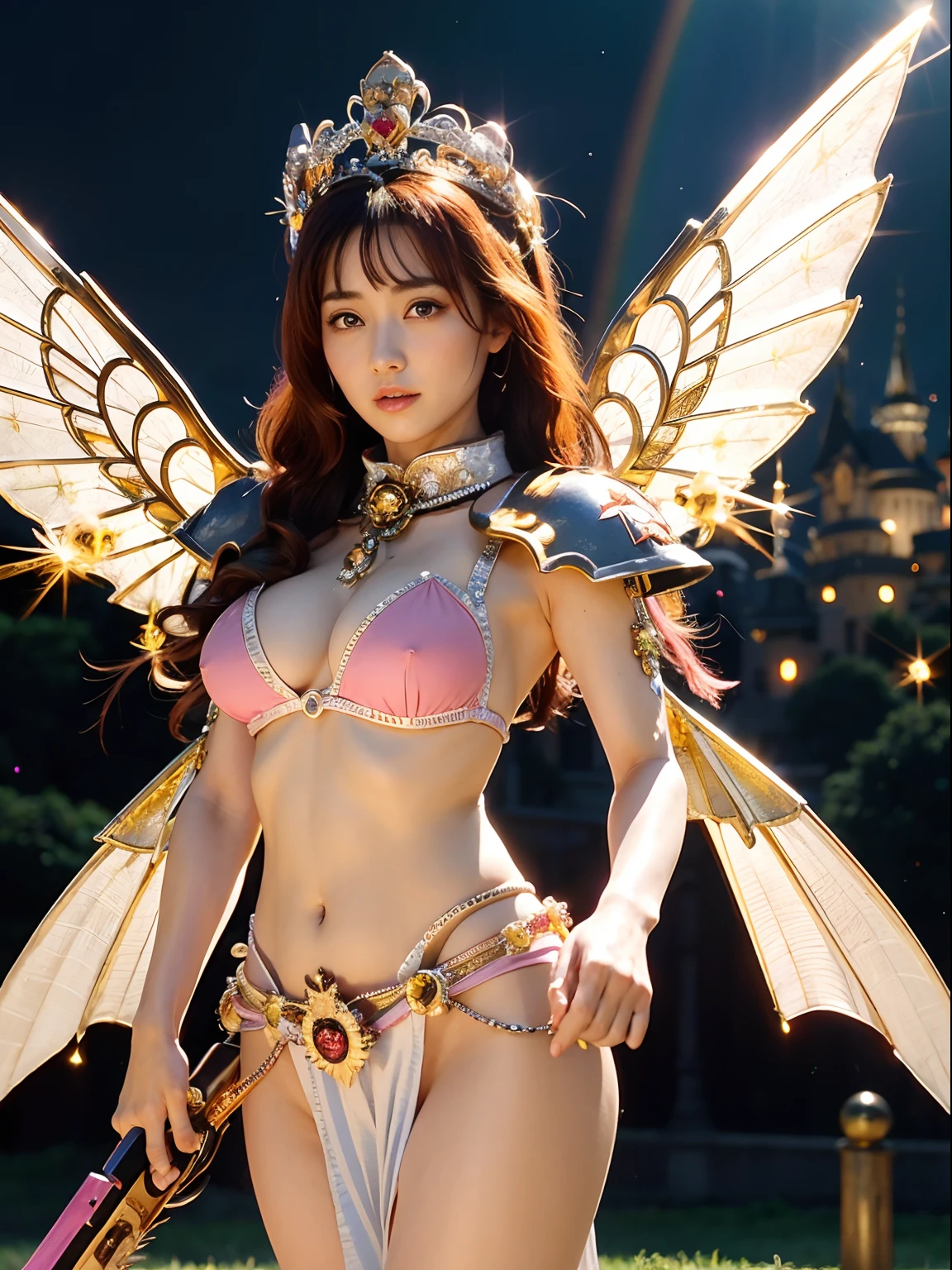 (masutepiece), Professional , ​masterpiece、top-quality、photos realistic , depth of fields （Gemstone White Metal Body:1.９),(Matte White Pink、Jewel Gold Weapon、（Gorgeous castle background）、（ultimate beauty girl）、（Rainbow fairy wings grow）、Particles of light、（Metal body of iridescent gemstones:1.９),Gorgeous Jewel Metal Weapons ,（maikurobikini）、 Detailed Sword of the Brave ,（ Pink hair）   ,warhammer 40k , adepta sororitas,Detail and ornate jewel crown、独奏、Brown hair、Mystical expression、cleavage of the breast、（Gangle's forest background）、Beautiful Caucasian beauty、１a person、dynamic ungle,(((Diamond tiara with detail and luxury)))、a small face、Powerful poses、（Gorgeous castle background）、huge filesize、20 year old beautiful woman、Stand in the center of the screen、Thin female fingers、Straight long hair、Beautiful Caucasian beauty、（maikurobikini）、Hair fluttering in the wind、face forwards、Look at viewers、（Armpit）、Armpit、