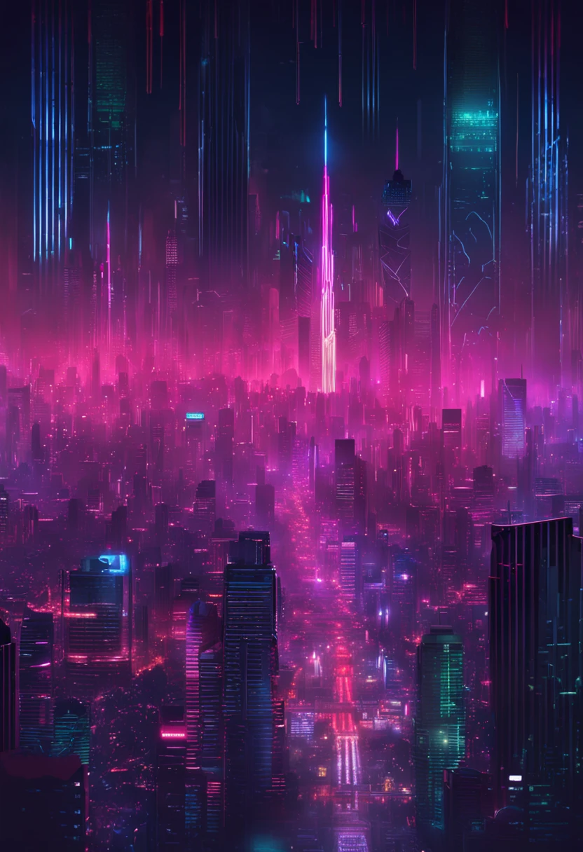 a sprawling city skyline shrouded in darkness, illuminated only by vibrant neon lights that reflect off wet, rain-soaked streets. Skyscrapers should be adorned with holographic billboards and towering megacorporate logos.