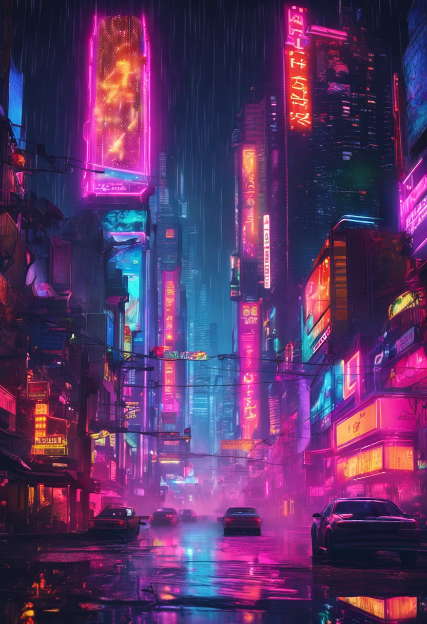 a sprawling city skyline shrouded in darkness, illuminated only by vibrant neon lights that reflect off wet, rain-soaked streets. Skyscrapers should be adorned with holographic billboards and towering megacorporate logos.
