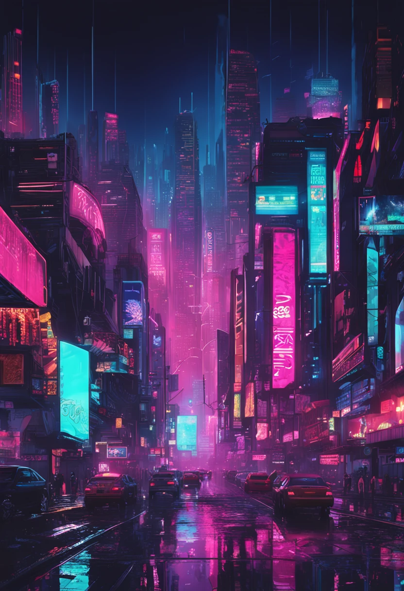 a sprawling city skyline shrouded in darkness, illuminated only by vibrant neon lights that reflect off wet, rain-soaked streets. Skyscrapers should be adorned with holographic billboards and towering megacorporate logos.
