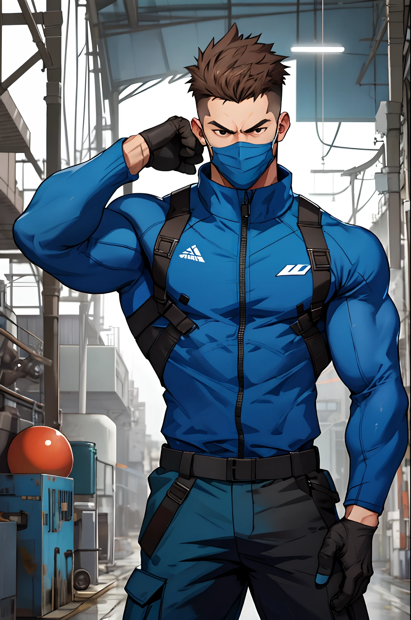 factory background，1boy ，cool guy，Ball head，lewd poses，arma，Anatomically correct