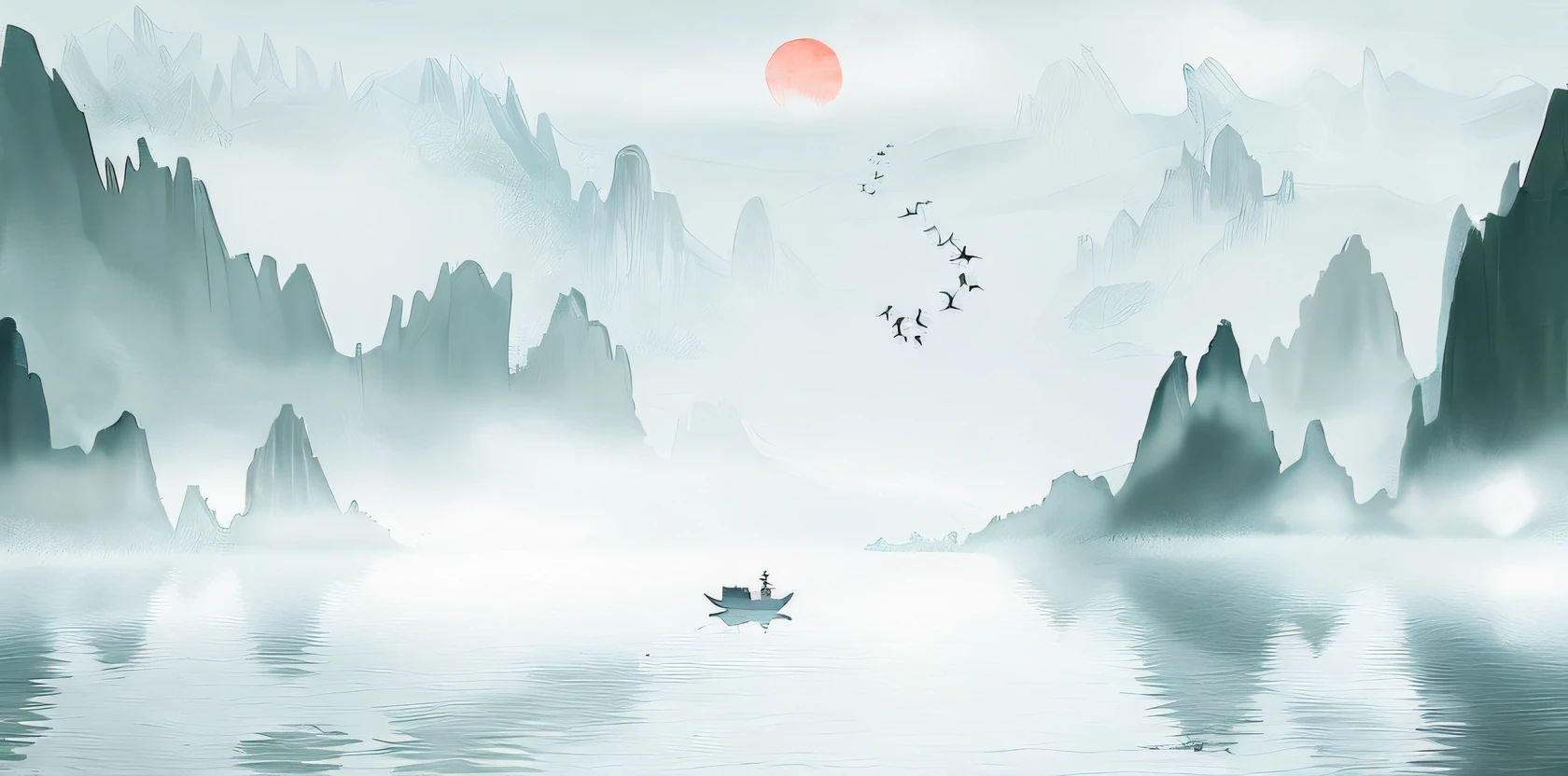 There was a boat floating in the water,Birds fly on it, in a serene landscape, Chinese landscape, Chinese style painting, serene illustration, Inspired by Ma Yuan, Chinese painting style, peaceful scenery, Chinese watercolor style, author:Xu Xi, serene scene, inspired by Xie Shichen, peaceful scene, author:Qu Leilei, China ink painting, Traditional Chinese Ink Painting
