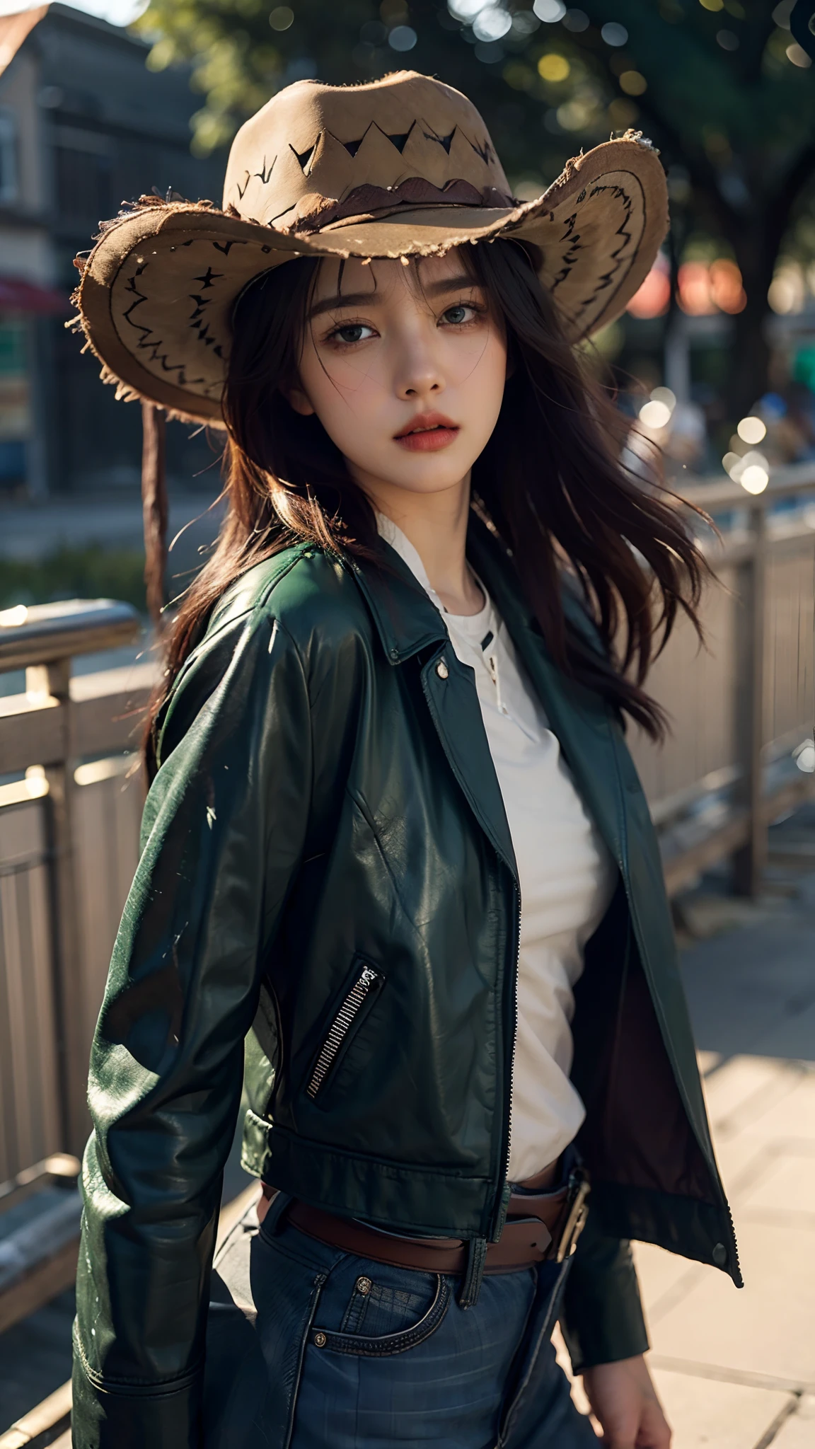 4k hltra hd, mastermiece, best quality, a girl, good face, detailed eyes, detailed lips, long hair, strait hair, wearing cowboy outfit, green leather jacket, green outfit, cowboy hat, blurred background, morning, whole body capture,