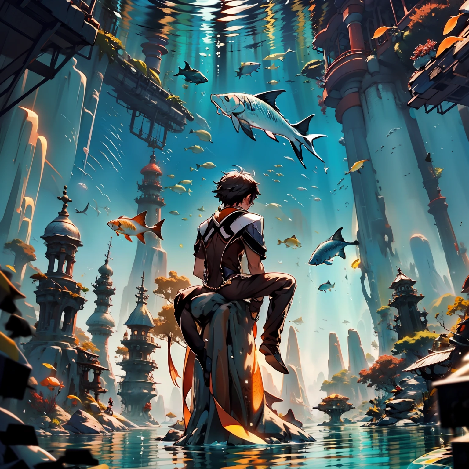 A boy swims at the bottom of the sea,Sit on the fish