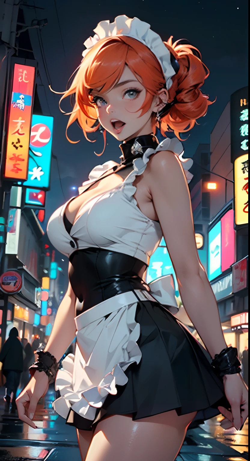 maid girl,(((1girll))),((Anime maid girl with extremely cute and beautiful orange hair seductively walking down the street)),

(Large breasts:1.4),crisp breasts,Fluffy breasts,H cup bust,bust up,bulging bust top,(((Orange double-tailed hair:1.35,Colored inner hair,double tails,Ear breathing))),((Heterochromia,eye1 orange,eye2 red,Perfect eyes,Upturned eyes:1.3,Beautiful detailed eyes,fine detailed beautiful eyes:1,big highlight on eyes:1.2,slanty eyes)),((Fat)),(((Glossy glossy skin:1.5,Bright Skin: 1.5,dark tanned skin,Shiny skin,very shiny skin,shining body,plastic glitter skin,exaggerated shiny skin))),(spider lower abdomen,Narrow waist,Wide buttock,atheletic body,inflated legs,delicate detailed fingers,Detailed body,detailed arms,human hand,(Detailed face)),

Cute,slutty,Seductive,Erotic,(((NSFW))),

zettai ryouiki,(maid headdress),Maid uniform,headdress,(maid),Sleeveless,Mini skirt,Boots,cleavage cutout,Bare legs,Clothes with a lot of lace frills,(detailed outfits,Detailed clothes),

(Dynamic pose:1.0),solofocus,cheerfulness,((Open mouth)),,Centered,scale to fit the dimensions,Rule of thirds,

Outdoors,((Night view)),(Very beautiful city neon synthetics,Cyberpunk night street background:1.5,Dark sky,Thick clouds),Future vehicles,((Neon lights)),Thick clouds,(Cyberpunk Style,Neon lights, (Synthetic wave theme background), Lonely streets),(((Detailed background:1.25))),

(Best quality),(high resolution),(Sharp focus),(Ultra detailed),(Extremely detailed),(extremely high quality artwork),8K_the wallpaper,(extremely detailed CG 8k),(very fine 8K CG),((hyper super ultra detailed perfect piece)),Flawless,(((Masterpiece))),illustration,Vibrant colors,(Intricate),High contrast,Selective lighting,Doubleexposure,hdr (HighDynamicRange),Post-processing,Background blur,