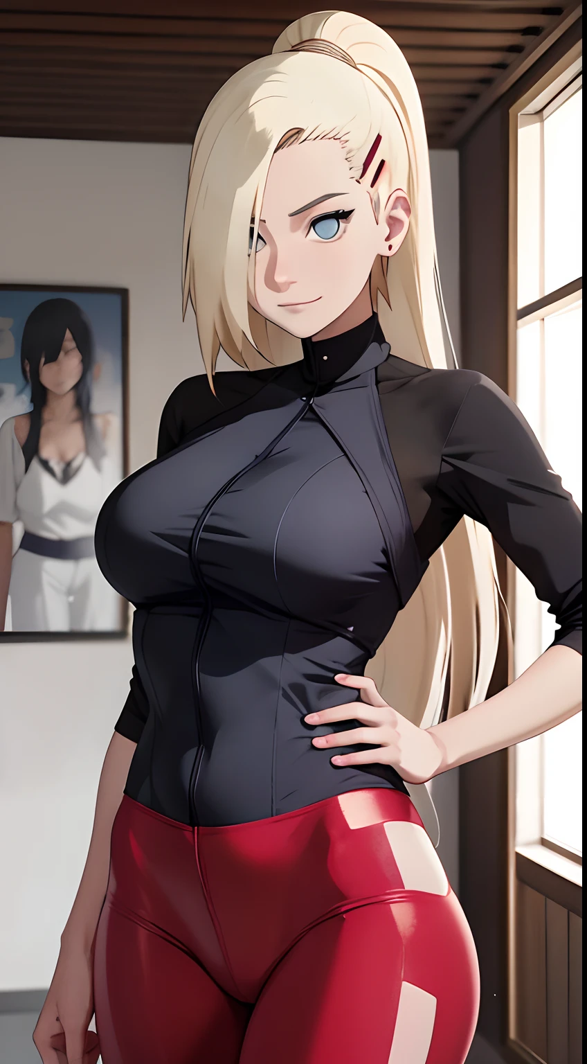 Ino yamanaka，Spaltung，smil，Rot im Gesicht sein，drinnen im Zimmer，Nahaufnahme Nahaufnahme，mit einer guten Figur,front view,standing,beide arme gehen gerade nach unten,mid large breasts,sehr enge leggins,offens hemd,