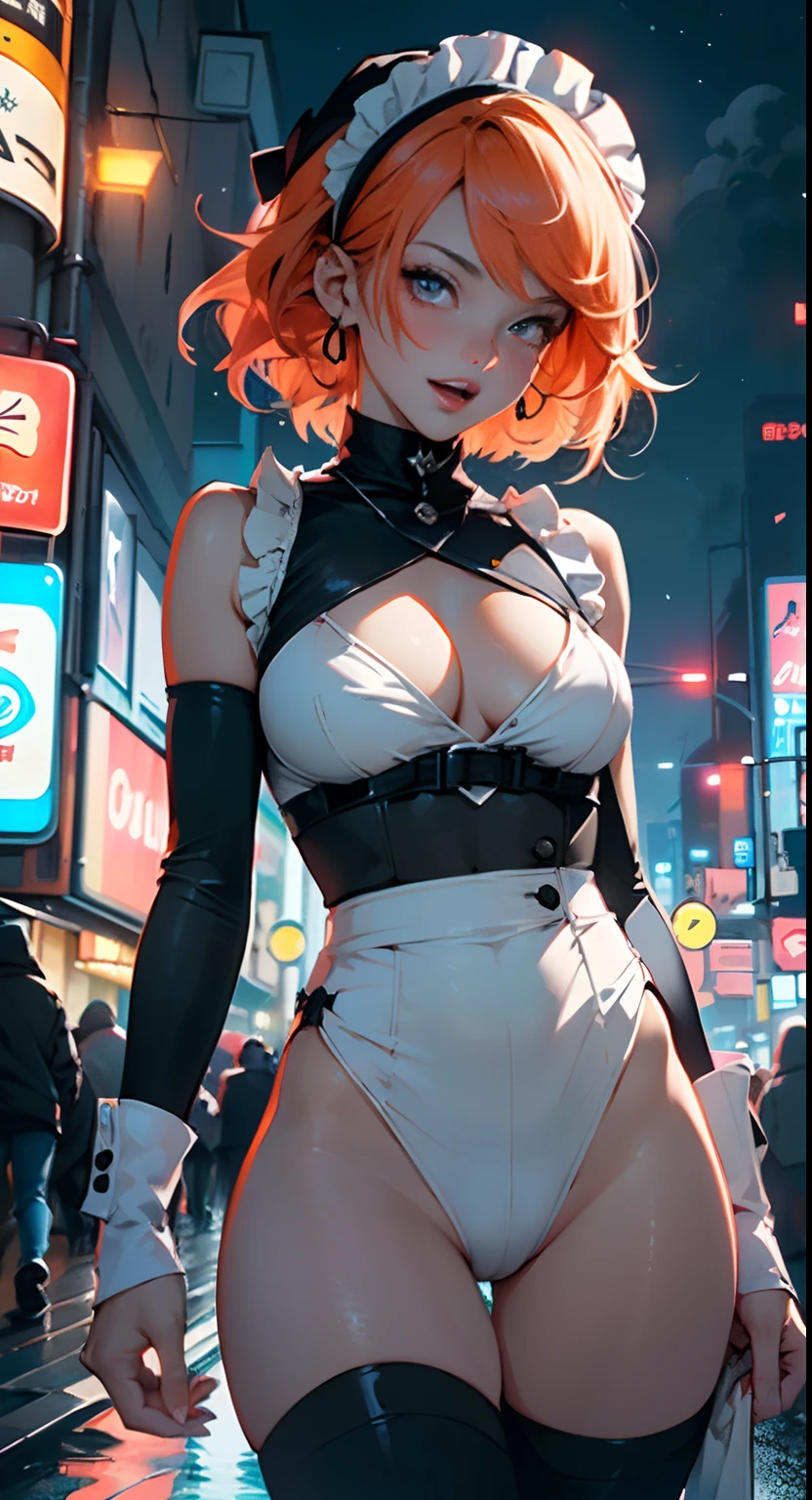 maid girl,(((1girll))),((Anime maid girl with extremely cute and beautiful orange hair seductively walking down the street)),

(Large breasts:1.4),crisp breasts,Fluffy breasts,H cup bust,bust up,bulging bust top,(((Orange double-tailed hair:1.35,Colored inner hair,double tails,Ear breathing))),((Heterochromia,eye1 orange,eye2 red,Perfect eyes,Upturned eyes:1.3,Beautiful detailed eyes,fine detailed beautiful eyes:1,big highlight on eyes:1.2,slanty eyes)),((Fat)),(((Glossy glossy skin:1.5,Bright Skin: 1.5,dark tanned skin,Shiny skin,very shiny skin,shining body,plastic glitter skin,exaggerated shiny skin))),(spider lower abdomen,Narrow waist,Wide buttock,atheletic body,inflated legs,delicate detailed fingers,Detailed body,detailed arms,human hand,(Detailed face)),

Cute,slutty,Seductive,Erotic,(((NSFW))),

zettai ryouiki,(maid headdress),Maid uniform,headdress,(maid),Sleeveless,Mini skirt,Boots,cleavage cutout,Bare legs,Clothes with a lot of lace frills,(detailed outfits,Detailed clothes),

(Dynamic pose:1.0),solofocus,cheerfulness,((Open mouth)),,Centered,scale to fit the dimensions,Rule of thirds,

Outdoors,((Night view)),(Very beautiful city neon synthetics,Cyberpunk night street background:1.5,Dark sky,Thick clouds),Future vehicles,((Neon lights)),Thick clouds,(Cyberpunk Style,Neon lights, (Synthetic wave theme background), Lonely streets),(((Detailed background:1.25))),

(Best quality),(high resolution),(Sharp focus),(Ultra detailed),(Extremely detailed),(extremely high quality artwork),8K_the wallpaper,(extremely detailed CG 8k),(very fine 8K CG),((hyper super ultra detailed perfect piece)),Flawless,(((Masterpiece))),illustration,Vibrant colors,(Intricate),High contrast,Selective lighting,Doubleexposure,hdr (HighDynamicRange),Post-processing,Background blur,