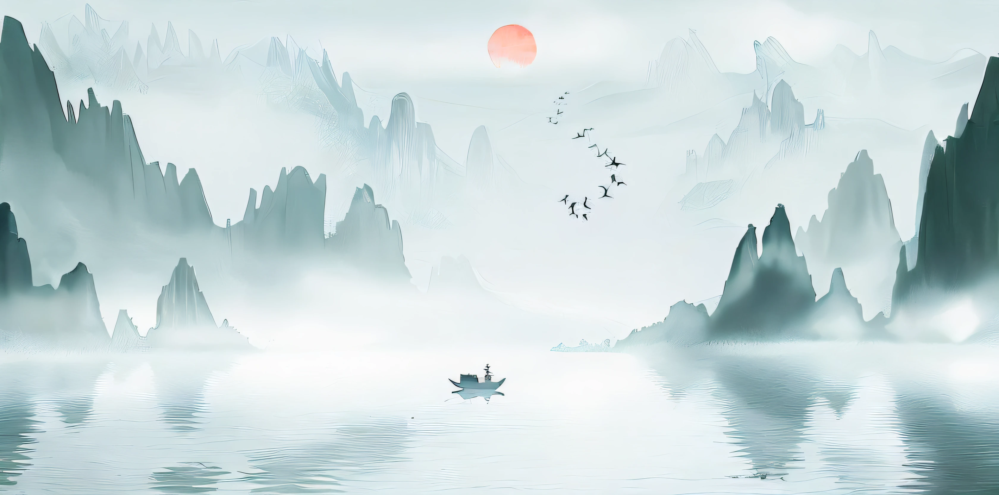 There was a boat floating in the water,Birds fly on it, in a serene landscape, Chinese landscape, Chinese style painting, serene illustration, Inspired by Ma Yuan, Chinese painting style, peaceful scenery, Chinese watercolor style, author:Xu Xi, serene scene, inspired by Xie Shichen, peaceful scene, author:Qu Leilei, China ink painting, Traditional Chinese Ink Painting