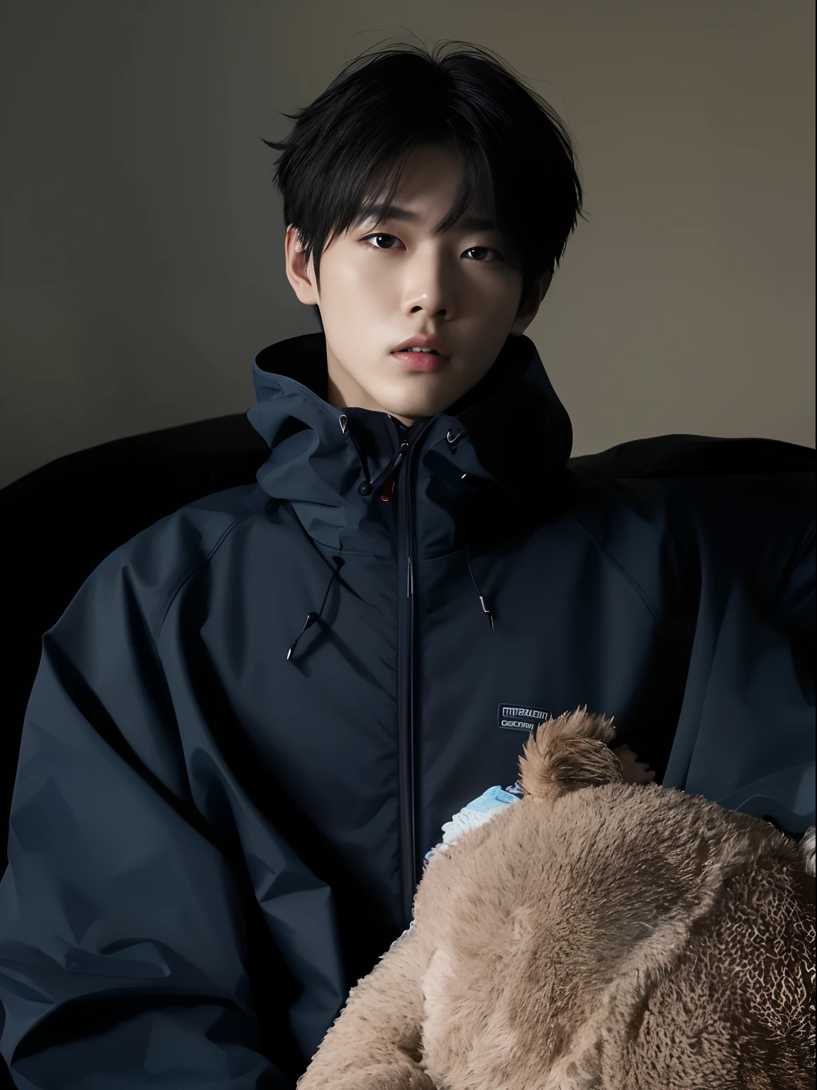 Arafeld man in blue jacket holding a brown teddy bear, Kim Do-young, Shin Jinying, Male Urzan, jung jaehyun, Cai Xukun, jinyoung shin aesthetic, ulzzangs, Inspired by Zhang Han, hyung tae, Kim Tae-joon, young wan angel, yanjun cheng, 1 7 - year - old boy thin face