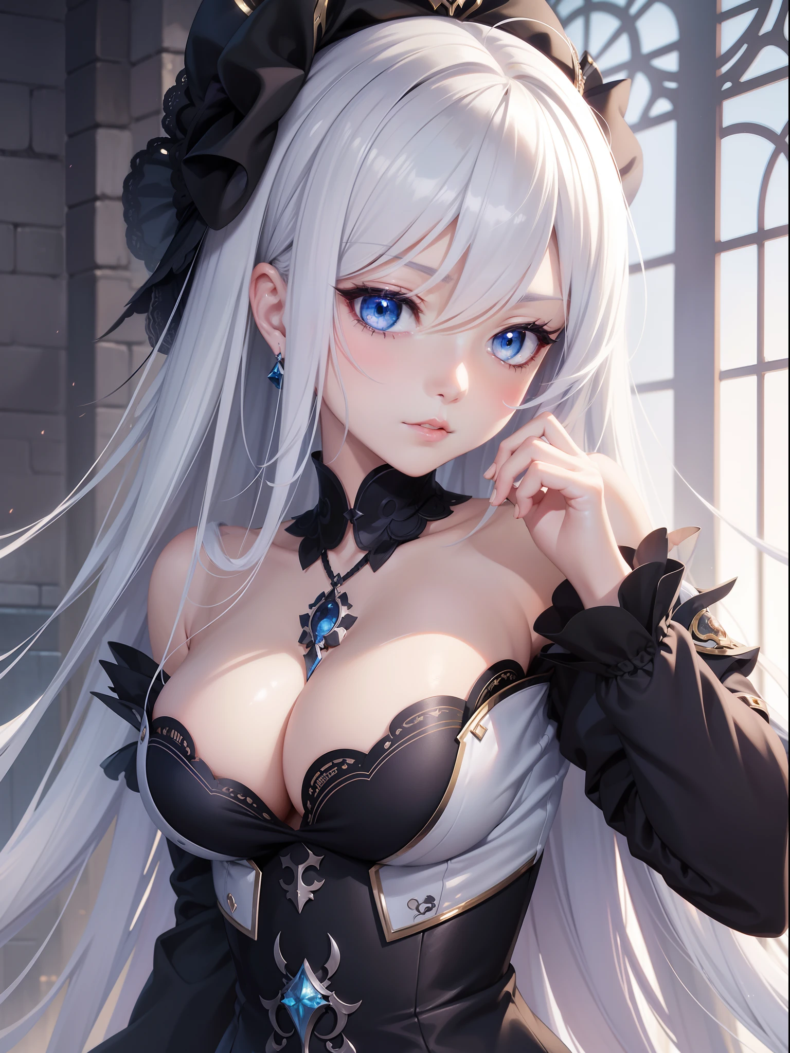 Close-up of face,complex details beautiful and delicate eyes, anime girl with long white hair and blue eyes posing for a picture, shadowverse style, smooth anime cg art, sayori, detailed digital anime art, guweiz, sui ishida art manga, shadowverse, official artwork, pixiv style, detailed anime artwork, artbook artwork, seductive anime girl, sougetsu, detailed anime character art, waifu