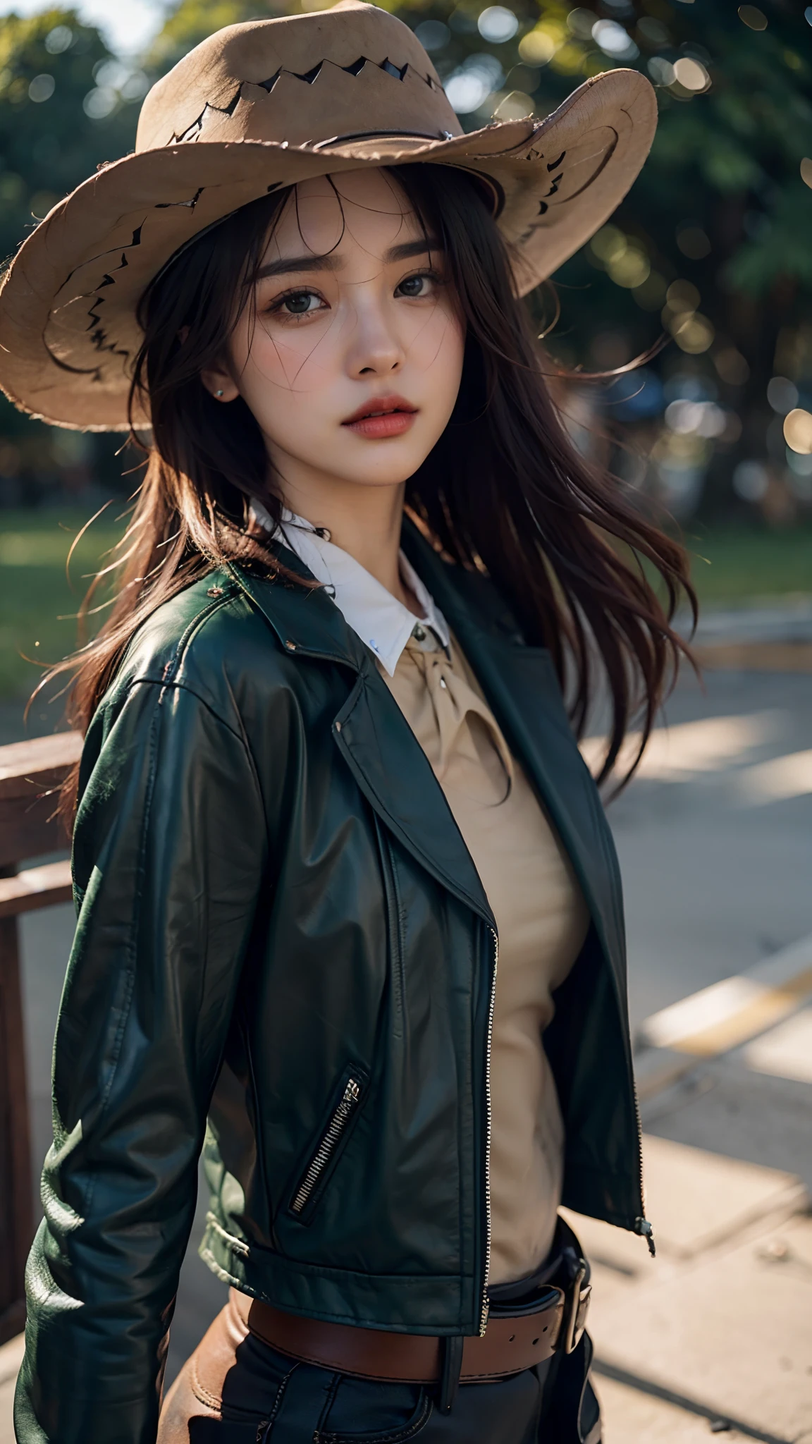 4k hltra hd, mastermiece, best quality, a girl, good face, detailed eyes, detailed lips, long hair, strait hair, wearing cowboy outfit, green leather jacket, green outfit, cowboy hat, blurred background, morning, whole body capture,