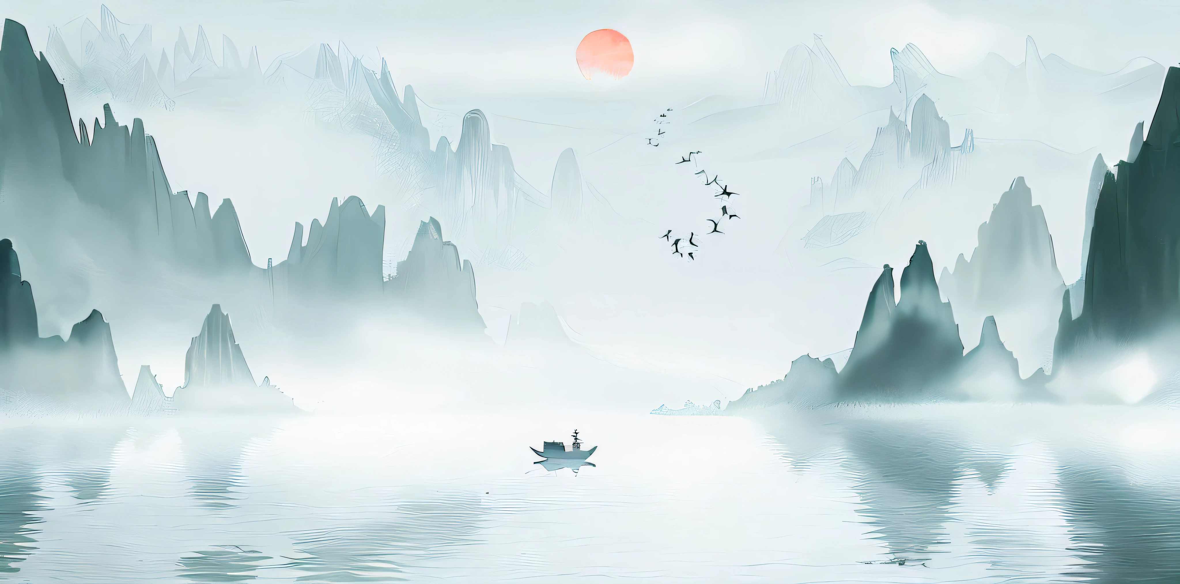 There was a boat floating in the water，Birds fly on it, in a serene landscape, Chinese landscape, Chinese style painting, serene illustration, Inspired by Ma Yuan, Chinese painting style, peaceful scenery, Chinese watercolor style, author：Xu Xi, serene scene, inspired by Xie Shichen, peaceful scene, author：Qu Leilei, China ink painting, Traditional Chinese Ink Painting