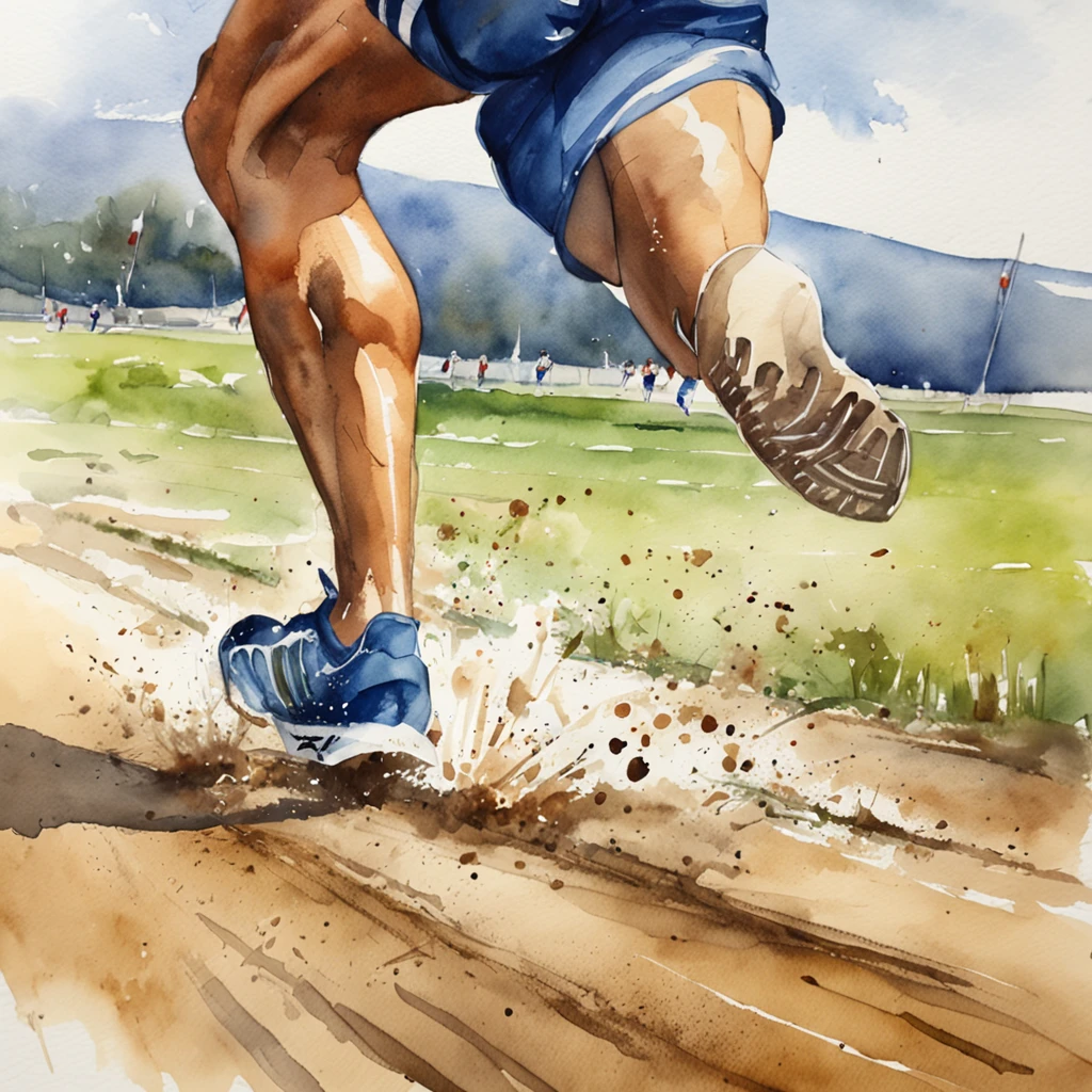 Close-up of land spikes、run、athletic field、Composition seen from the side、Close-up of the feet of one runner running