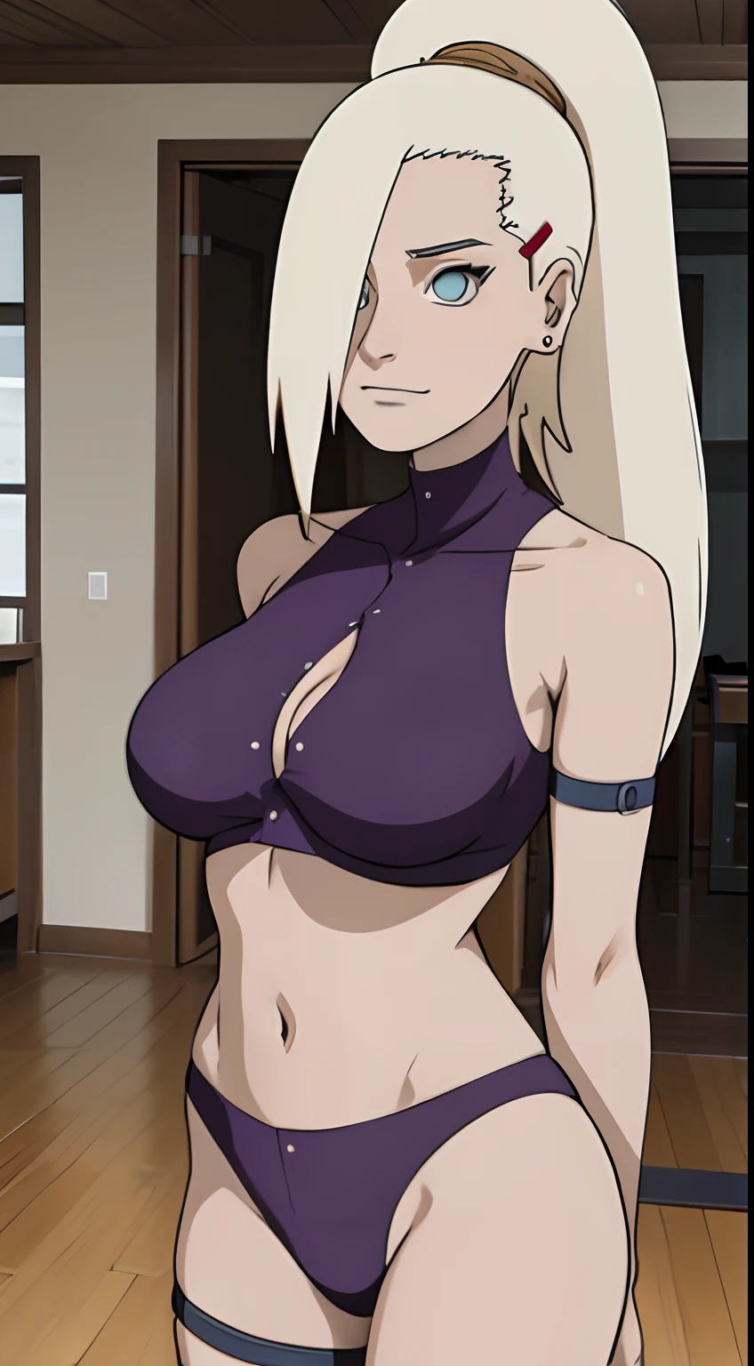 Ino yamanaka,Spaltung,smil,Rot im Gesicht sein,drinnen im Zimmer,Nahaufnahme Nahaufnahme,mit einer guten Figur,front view,standing,arms behind back,mid large breasts,sehr enge leggins,heavy damaged Bikini