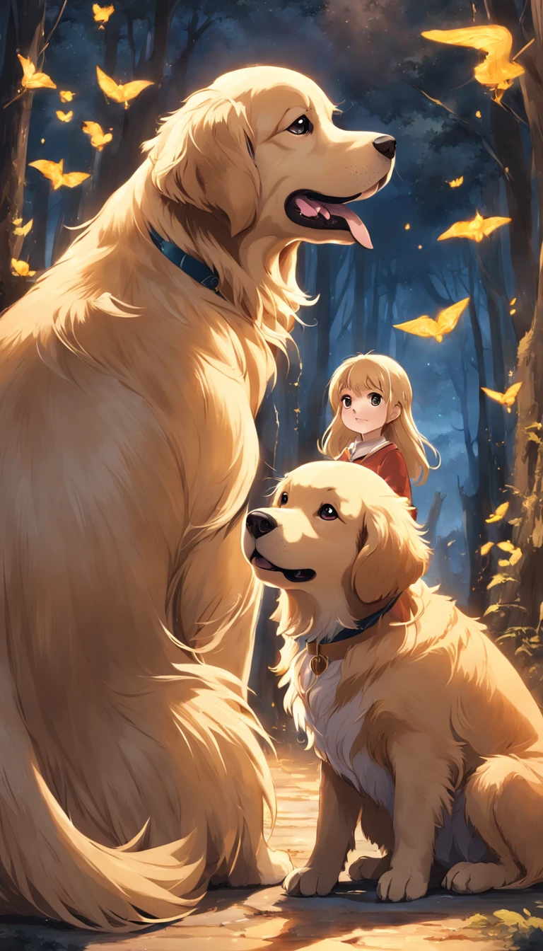 Golden Retriever junto com seus cinco filhotes, desenho, livro infantil
