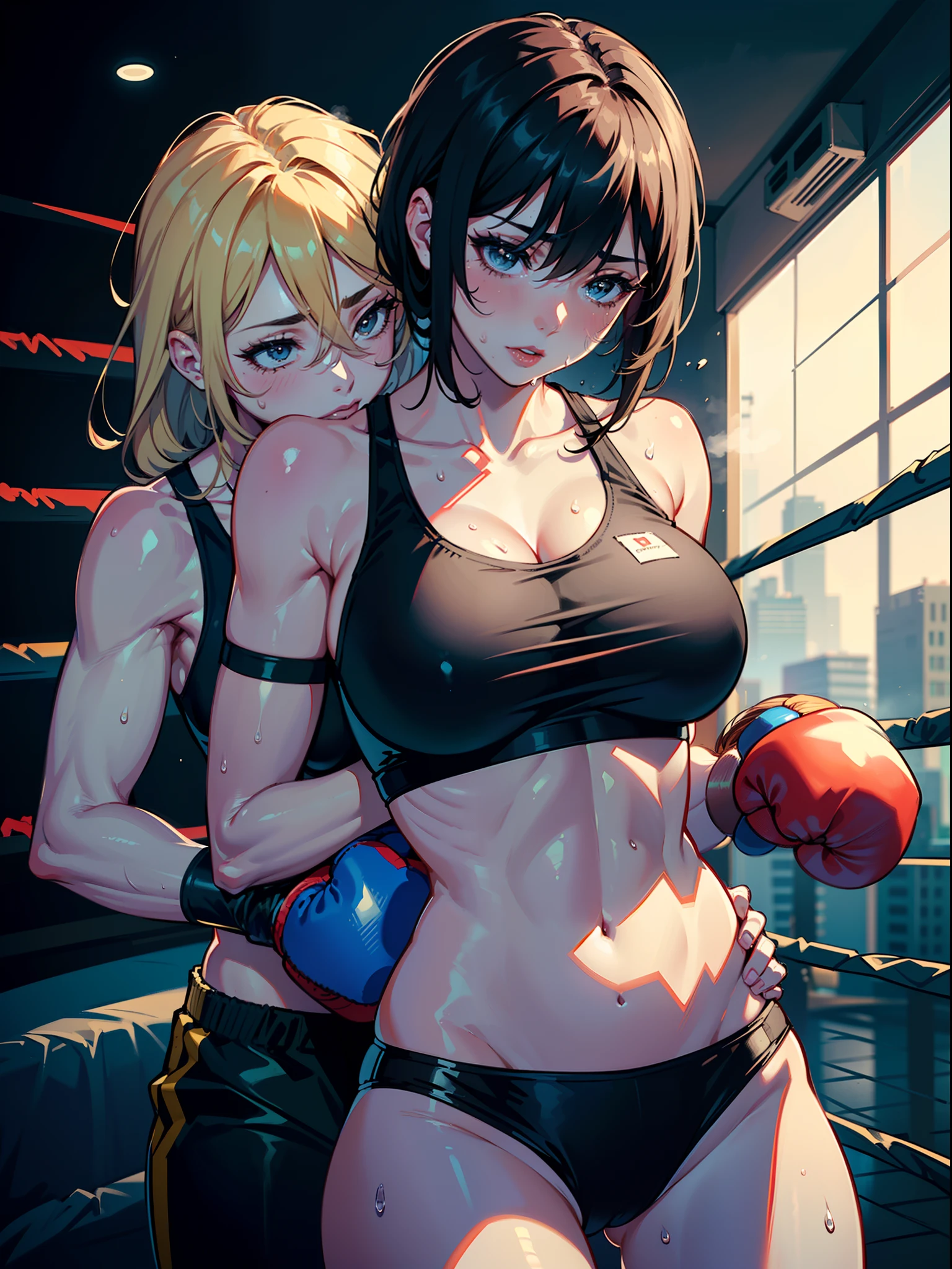 ((Mature female boxer and girl boxer)), Sexy lips, Sportsbra, ((Boxing gloves)), Big ,Sweat all over the body,（Ecstatic look）,steam,((Hugging a girl boxer from behind)),((Two Women)),in the crotch,Inserted from the back,Rolling eyes,Ripe body,Immature body,NSFW,Female face,Standing Back Sex