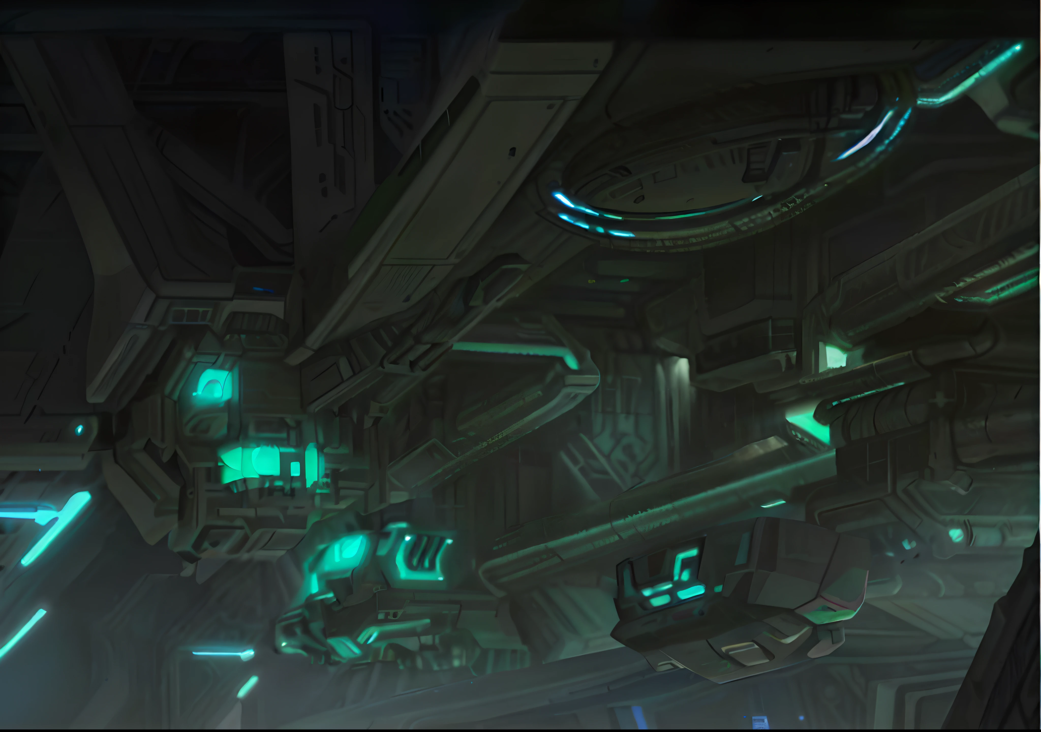 Close-up of spaceship with green light, scifi concept art, scifi concept art, concept-art, concept artwork, spaceship concept art, luminescent concept art, scifi concept art, star citizen concept art, high detail concept art, future concept art, scifi concept art, mechanized art concept, scifi concept art
