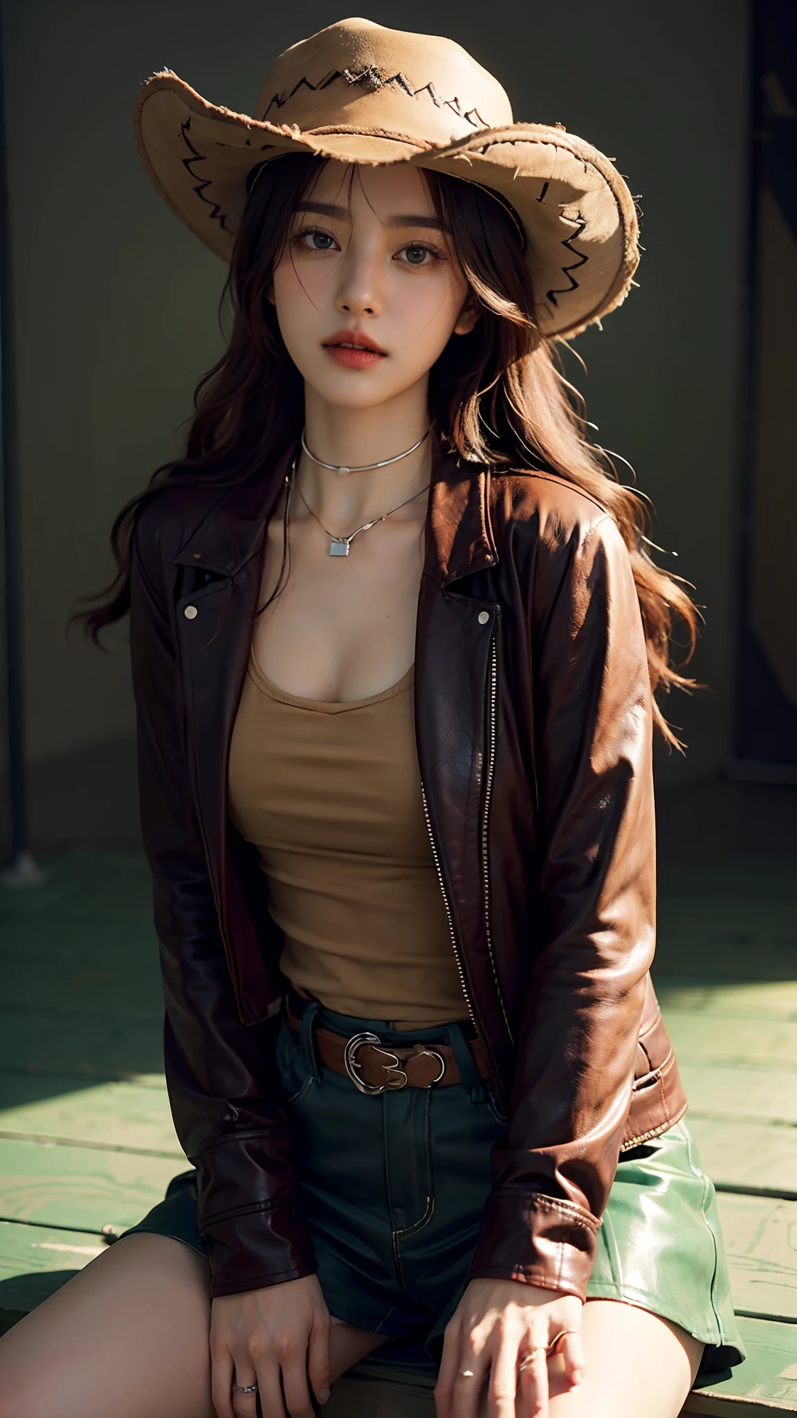 4k hltra hd, mastermiece, best quality, a girl, good face, detailed eyes, detailed lips, long hair, strait hair, wearing cowboy outfit, green leather jacket, green outfit, cowboy hat, blurred background, morning, sitting, whole body capture,