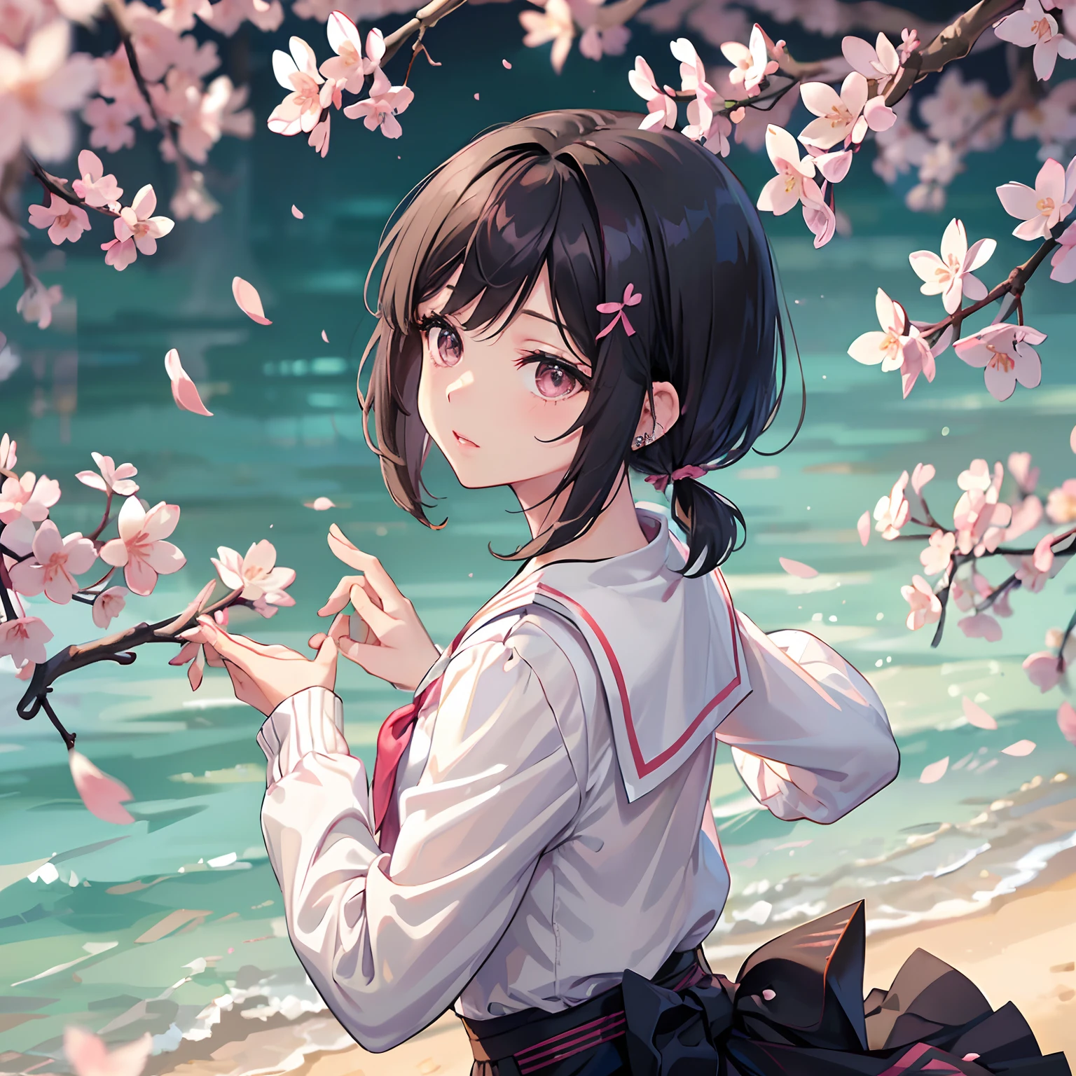 (masterpiece), (portrait), (aesthetic), (beautiful), (upper blody), (high quality), (aesthetic clothings), (professional angle), (rule of thirds), (Feminine), (woman), (female), (beautiful),(feminine features), (23 years), solo, 1 woman, (attractive Japanese), Spring, Natural light, (Cute), Fresh Makeup, (Petite bust), ((holding a Sakura Branch)), (Angle face), (Playful expression), ((Excited)), Hair Clips, Ear Piercing, ((Short hair)), (Black hair), (Pigtails hair), (Straight hair), Shiny shine hair, (Ribbons in hair), (Brown eyes), (Kawaii look), (Fair skin), (Pastel Colors clothing), (Sailor Dress), (Cardigan), (Skirt), Peter Pan neckline), ((Cherry Blossoms background)), (- in background), (Close-up shot), beautiful hands, two hands, normal hands, two arms, complete hands, beautiful body, beautiful fingers, normal fingers, five fingers, five fingers, (Thumb index meddle ring little fingers), beautiful ears, normal ears, beautiful eyes, shiny eyes, beautiful mouth, beautiful lips,