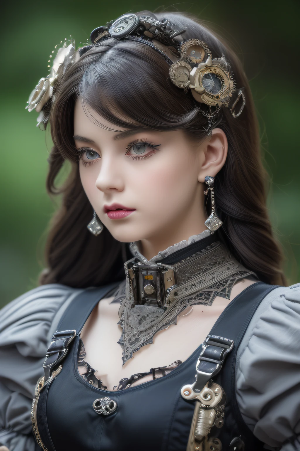 (((Masterpiece, top quality, super detailed))), (((( very detailed face))), small thin nose, small thin lip mouth, (((very sharp focused eyes))), very large slit precise pale gray eyes shining like jewels. Very long eyelashes, long black hair with black vertical curls, thick bangs, vertically curled princess cut, (((very decorative gothic ta fashion meets overdecorated steampunk fashion))), very dramatic and cinematic lighting, (((overall accuracy has improved dramatically, creating a super detailed and realistic and realistic images))).