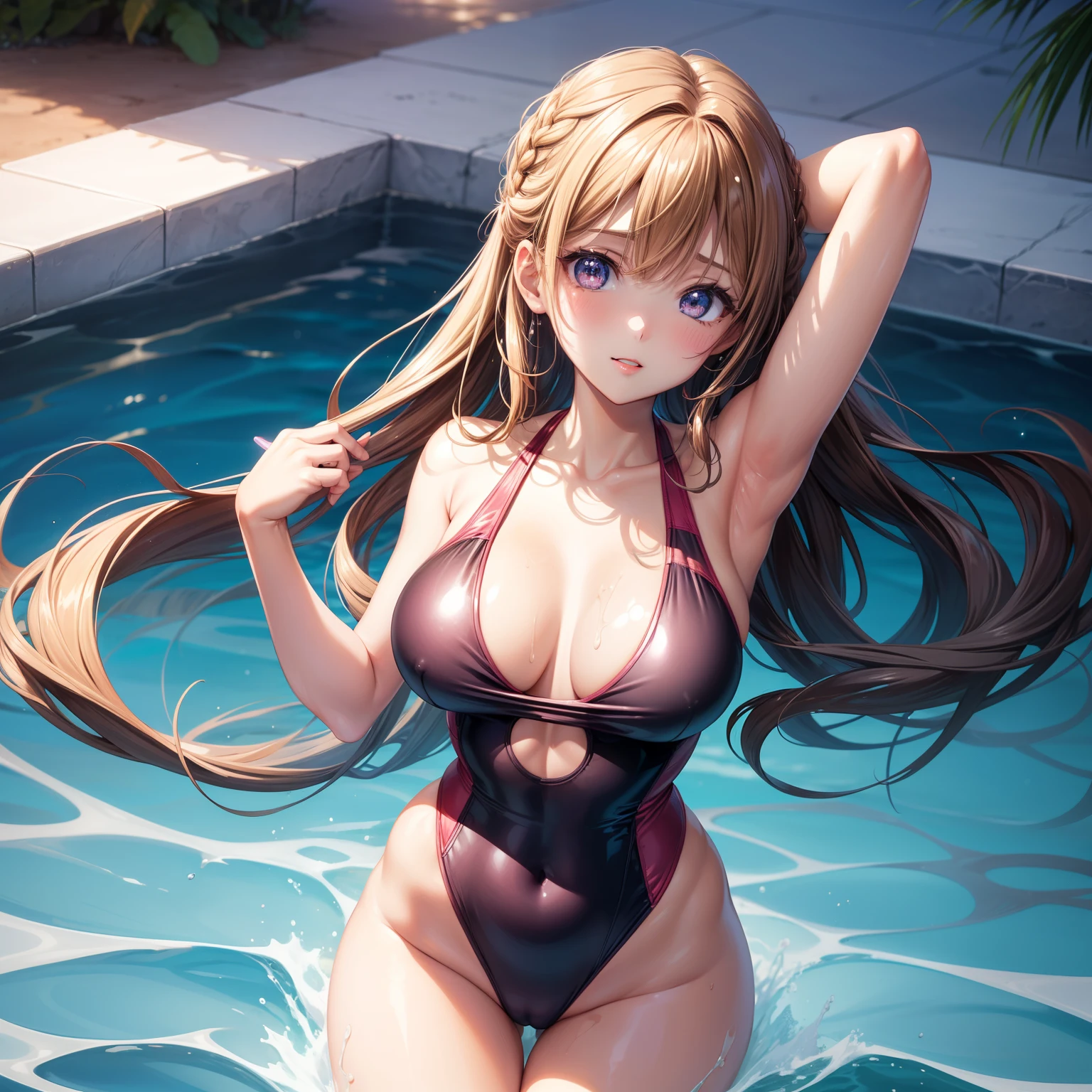 super high image, super detail, super high resolution, anime, manga, illustration, beautiful woman, light brown glossy short french braid hair, sparkling big eyes, alluring moist thick lips, ecstatic expression, amorous expression, seductive look, flat chest, perfect proportion, slender, full body, competition swimsuit, pool side, professional lighting