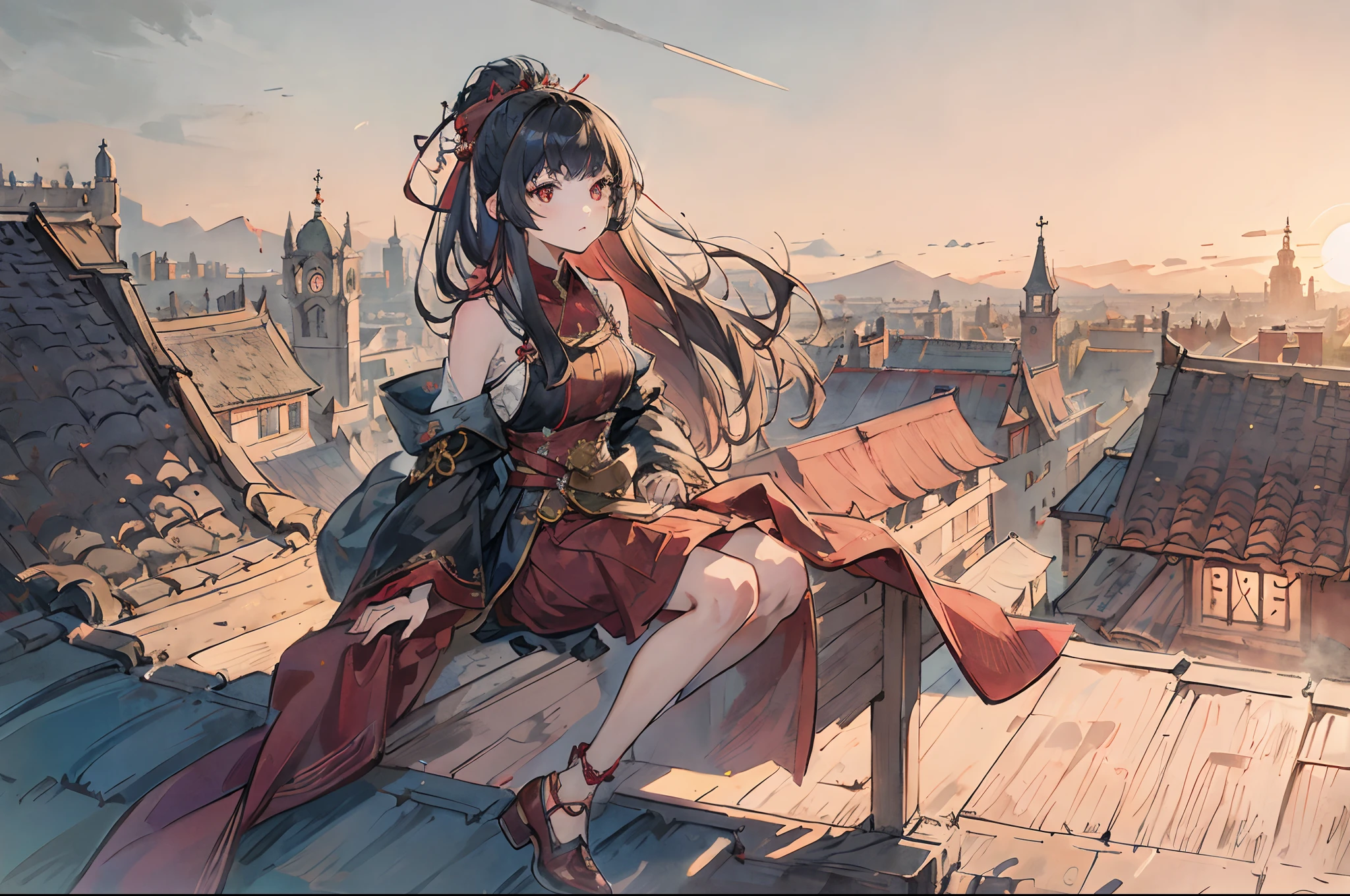 1girll,exteriors， late， starrysky， in a panoramic view， scenecy， horizon， sitting on rooftop， ventania，Blow hair，Medieval architecture，whaite hair，red pupils，adorned in majestic attire