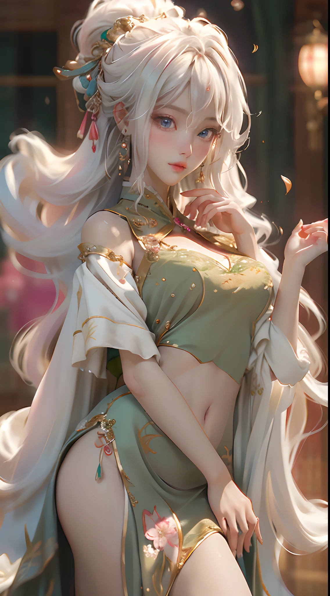 Image of woman wearing belly dance costume, There  a girl in a green dress, club, palaces, oriental architecture ray tracing, {Best quality}, {tmasterpiece}}, Extremely detailed 8K wallpaper, {Extremely Delicately Beautiful}, Colorful, Complicated details, actual, actual, Camera quality, (well drawn clothes), Cool white skin, (Well done blush), 1080p, suns, Soft and cute, Smooth light silver hair, Messy beauty, lamplight, Fragmentation, Skin glows、Silky, 3D立体, tmasterpiece, Best quality, The illustrations are super beautiful, pretty eyes, The light  very delicate, Fine luminescence, Very beautiful 8K CG wallpaper, Peach blossom eyes, Red pupils, extremely exquisite beautiful girl, 8k wallpaper, Best quality, close-up all over the body, a white long skirt, Luxurious silky bright red chiffon overflowing (, glittery, Ultrathin, Soft,) Hanfu