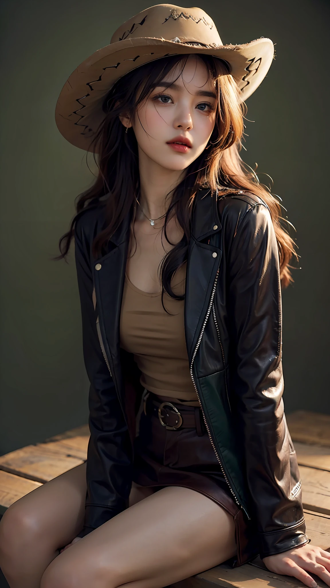 4k hltra hd, mastermiece, best quality, a girl, good face, detailed eyes, detailed lips, long hair, strait hair, wearing cowboy outfit, green leather jacket, green outfit, cowboy hat, blurred background, morning, sitting, whole body capture,