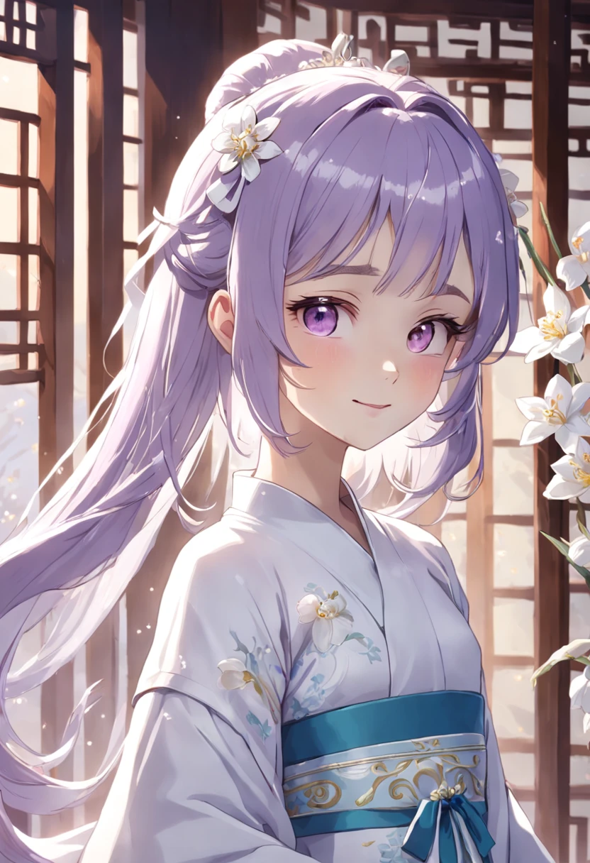 light violet hair,Light blue gemstone pupils,white hanfu,The shoulders are embroidered with narcissus,There is a white ribbon under the chest,Pure,Royal sister,Emoji smile,The waist is embroidered with white snowdrop flowers,Wear short white socks,Snow-white shoes,Light,Hair has white highlights,Full body painting,Hand correction