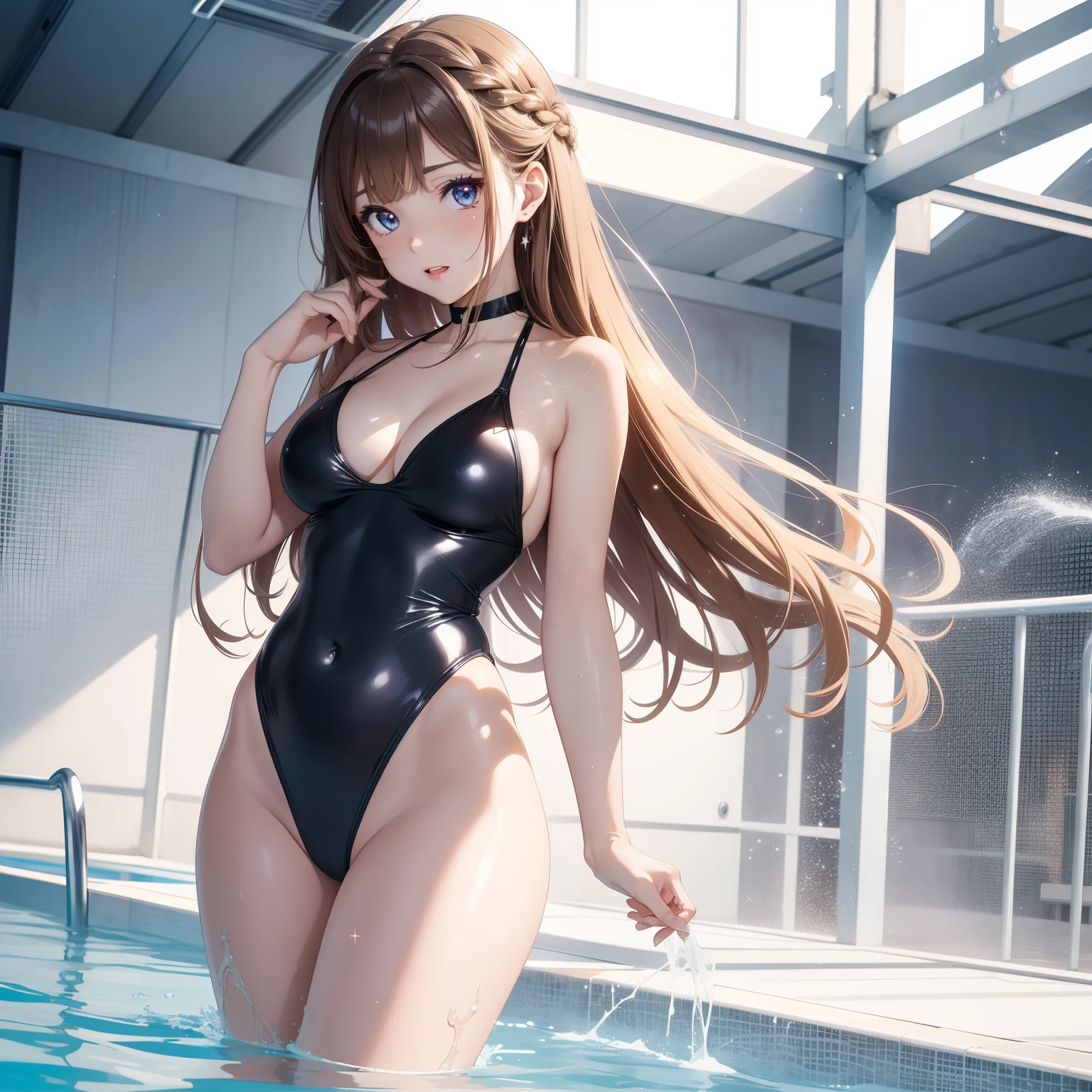 super high image, super detail, super high resolution, anime, manga, illustration, beautiful woman, light brown glossy short french braid hair, sparkling big eyes, alluring moist thick lips, ecstatic expression, amorous expression, seductive look, flat chest, perfect proportion, slender, full body, competition swimsuit, pool side, professional lighting