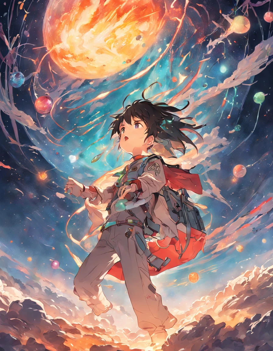 A teenager dressed in an explorer's costume flies through the sky,Surrounded by a planet of various ingredients,There is a galaxy made up of noodles,A variety of vegetables surround it。The teenager holds the map,'s illustration。