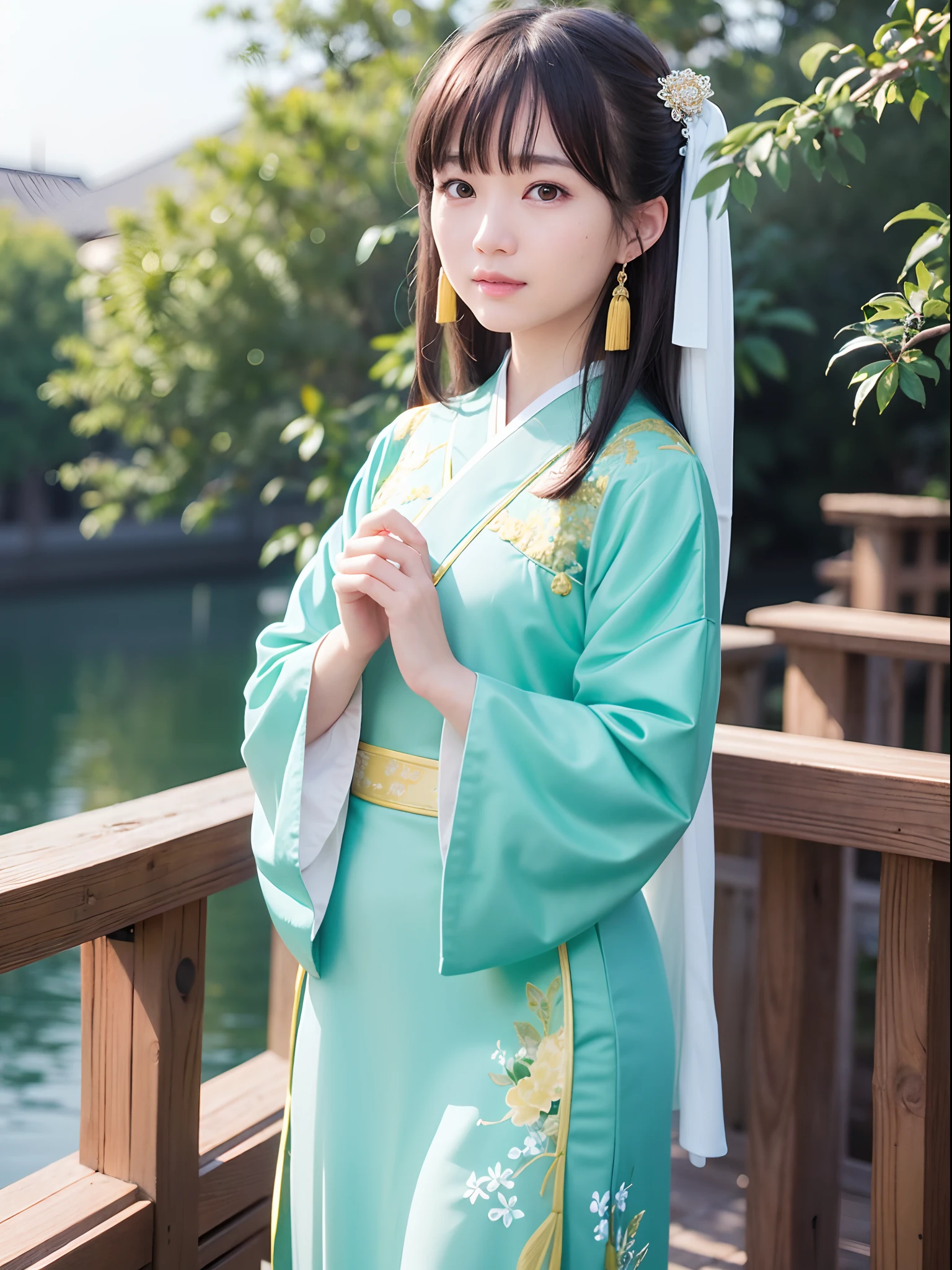 Chinese women in period costumes pose for a group photo, Long-sleeved Han costume, Varied, ，Insert hairpins into coiled hair, The clothes are fluttering，Side full body fairy, , Standing on a small bridge, His melancholy eyes looked into the distance, Wear period costumes，Wearing earrings bracelet light green Hanfu delicate embroidery，Detailed facial features and ultra-clear picture quality，Up to 8K resolution