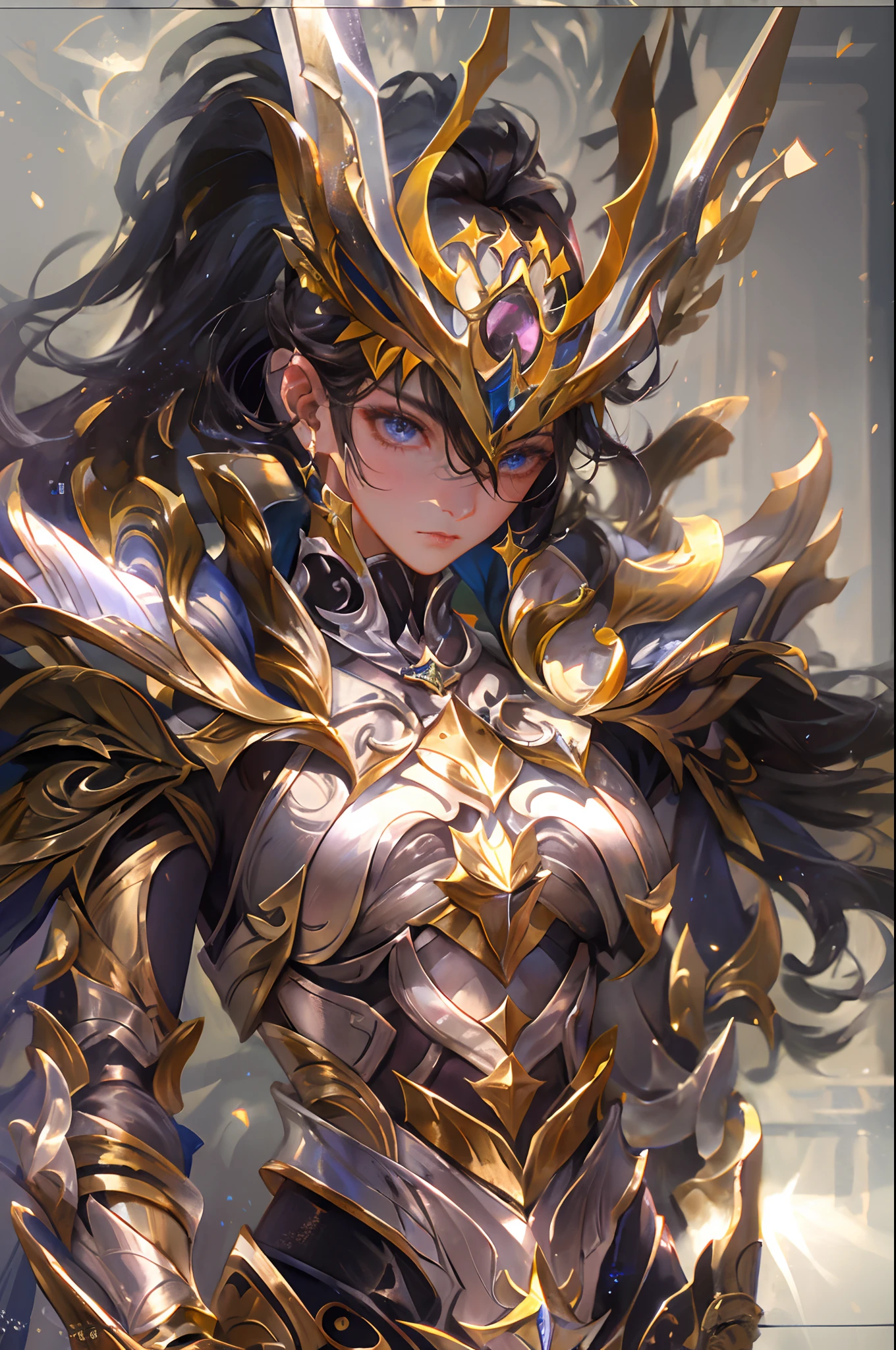 Ultra-high saturation，（tmasterpiece）， fully body photo，（best qualtiy）， （1girll）， starryskybackground，Wearing shiny gold armor， Sexy lingerie type armor，Expose your chest，Expose the waistline，Exposing thighs，cool-pose， Saint Seiya Armor， messy  hair，high detal, Anime style, Cinematic lighting, Sparkle, god light, Ray traching, filmgrain, hyper HD, textureskin, super detailing, Anatomical correct, A high resolution，Ultra-high saturation，hight contrast，High-gloss armor，Smooth skin，Serious expressions,Dark room,