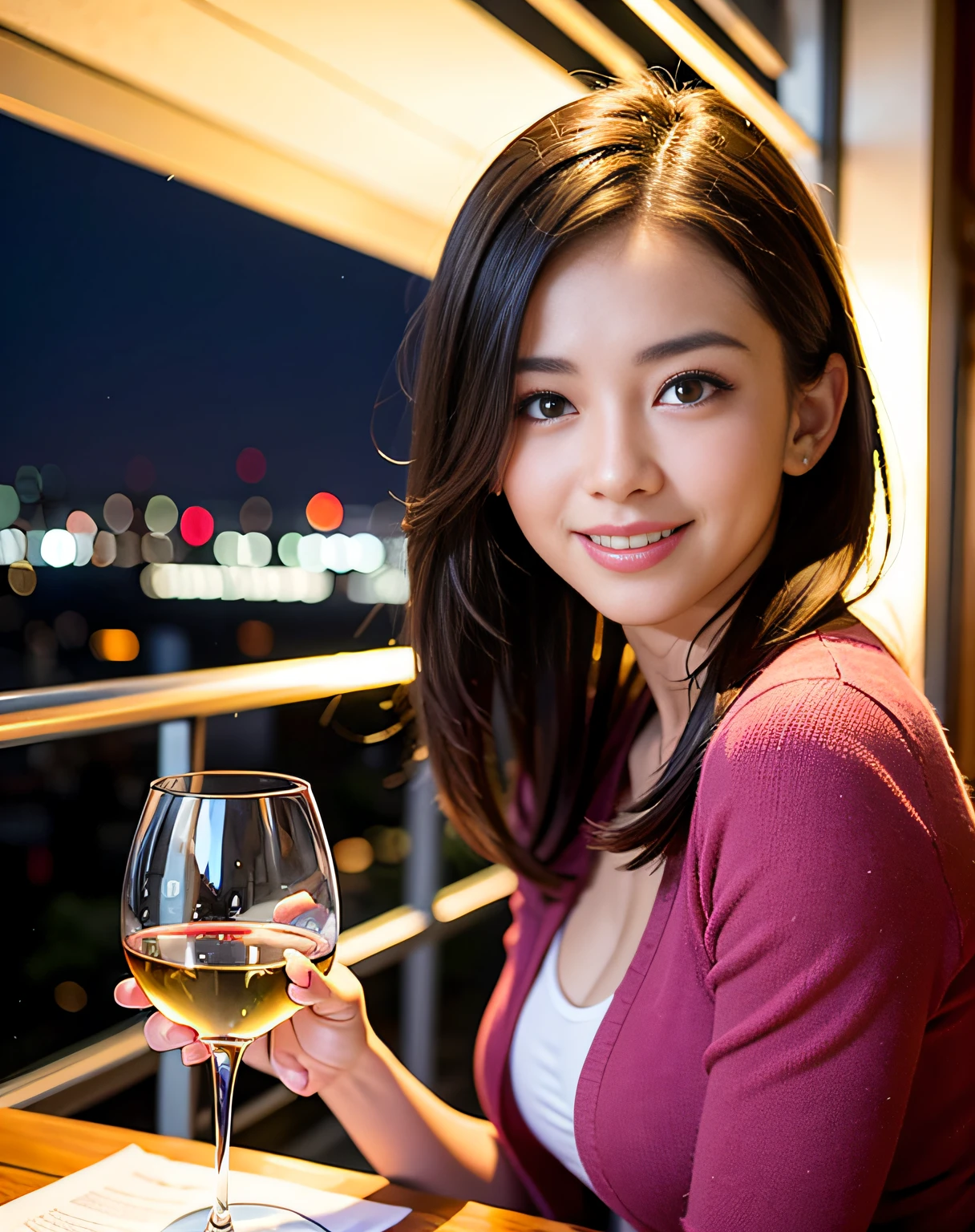 (64K, UHD, top quality, masterpiece: 1.2), (realistic, photorealistic: 1.37), super detailed, pretty woman 1 person, (slim face), (slim body), (brown hair), (short cut), cheeks slightly blushing, (44 years old), 38 years old, solo, beautiful detailed urban night view outside the window, restaurant, wine glasses sit, at night, in a prominent placeNovaFrogStyle, Actress, Model, Waist Up, White Wine, Slim, Wine Glass, Super Clean Night View, Wine Glass Put in the Middle, Happy Smile, (Smile: 1.15), Beautiful Fine Eyes, Upper Body, Bust Japan Up, Night, Short, Short, Actress, Model, Waist Up, White Wine, Slim, Wine Glass, Super Clean Night View, Wine Glass Put in the Middle, Happy Smile,