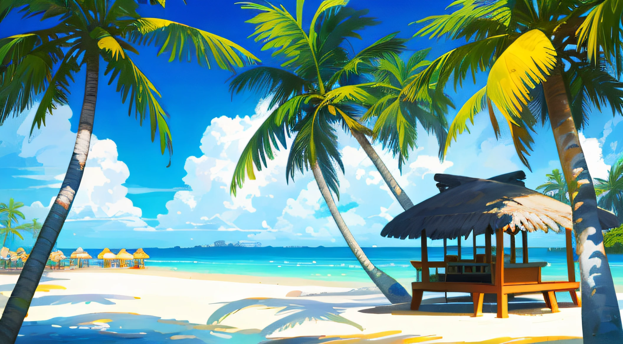 (((Best Quality))), High color saturation, Clear, reasonable structure, Cartoon style, architecture, seafront, Double, hut, Palm Tree, Sand, Mare, Seagull, skyporn, A clear day, Fantasy, No_The human, plein air, landscape, Real, Beautiful and amazing landscape oil painting Ghibli Studio Miyazaki tropical island with blue sea and sky, tropical island, coconut --v6