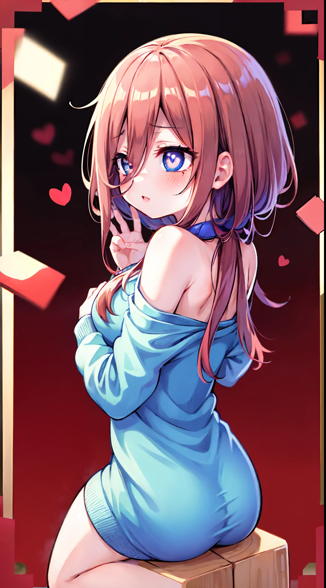 Miku Nakano，（A white border around a red rectangular background：2.5)，whitesweater，Sitting down， D-cups，ahegao face，Back view，High detail,Moles under eyes, Heart-shaped pupils，Love pupils，cropped shoulders，Lots of hearts，Fleshy thighs,highly rendered，detailed face with